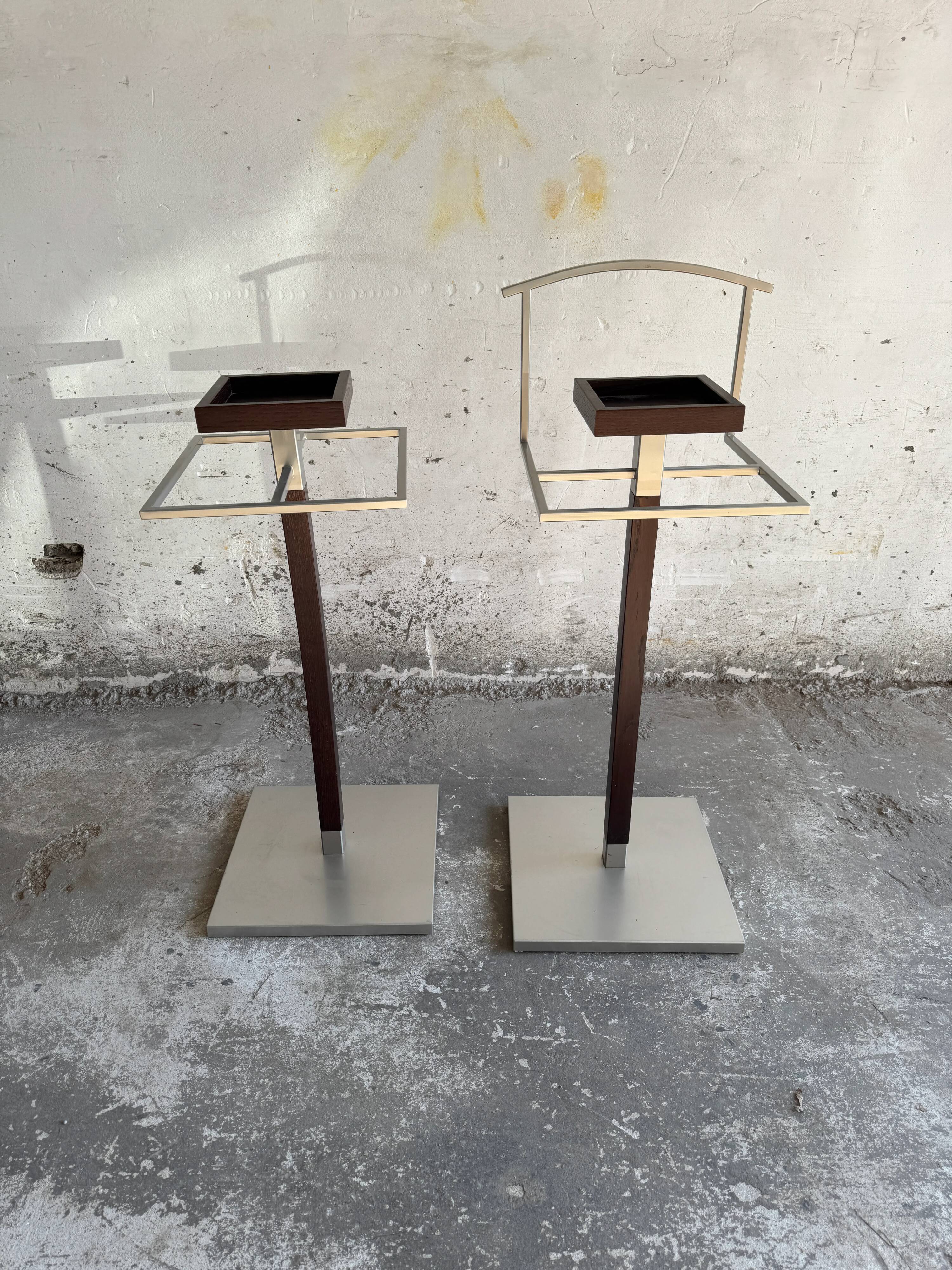 Set of 2 Calligaris holders — silver gray with dark brown wood, metal, and wood design