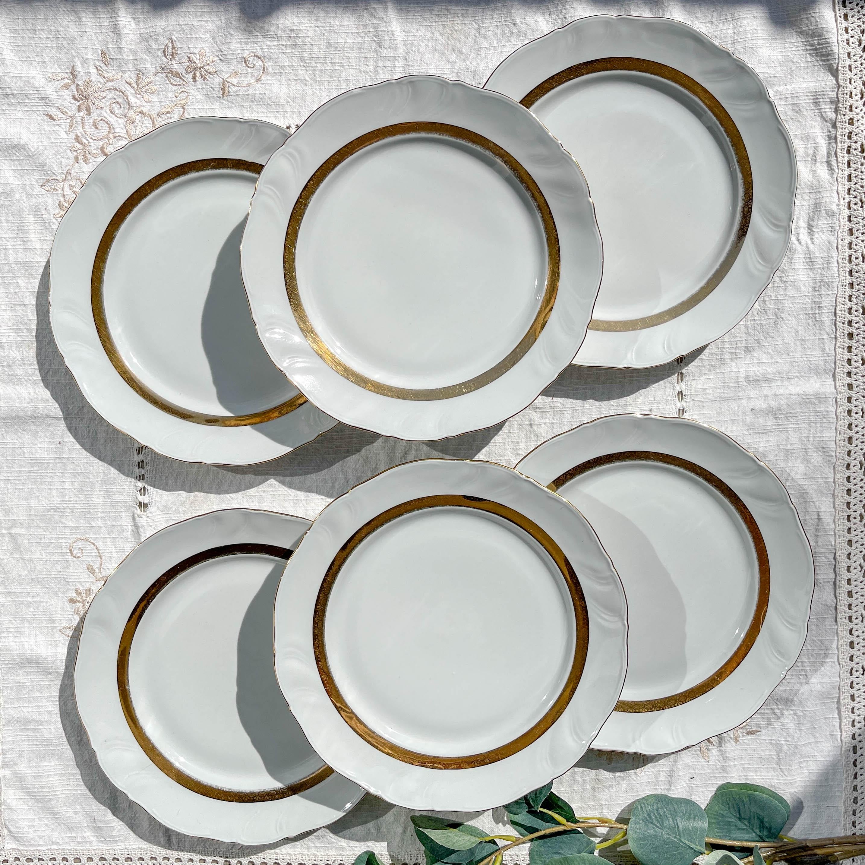 6 Vintage White and Gold Porcelain Dinner Plates Limoge France ADP "Ariane" - Elegant Antique French Tableware