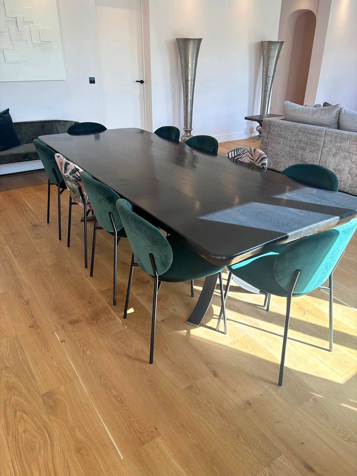 Large dining table in BS Style made of black oak and iron.