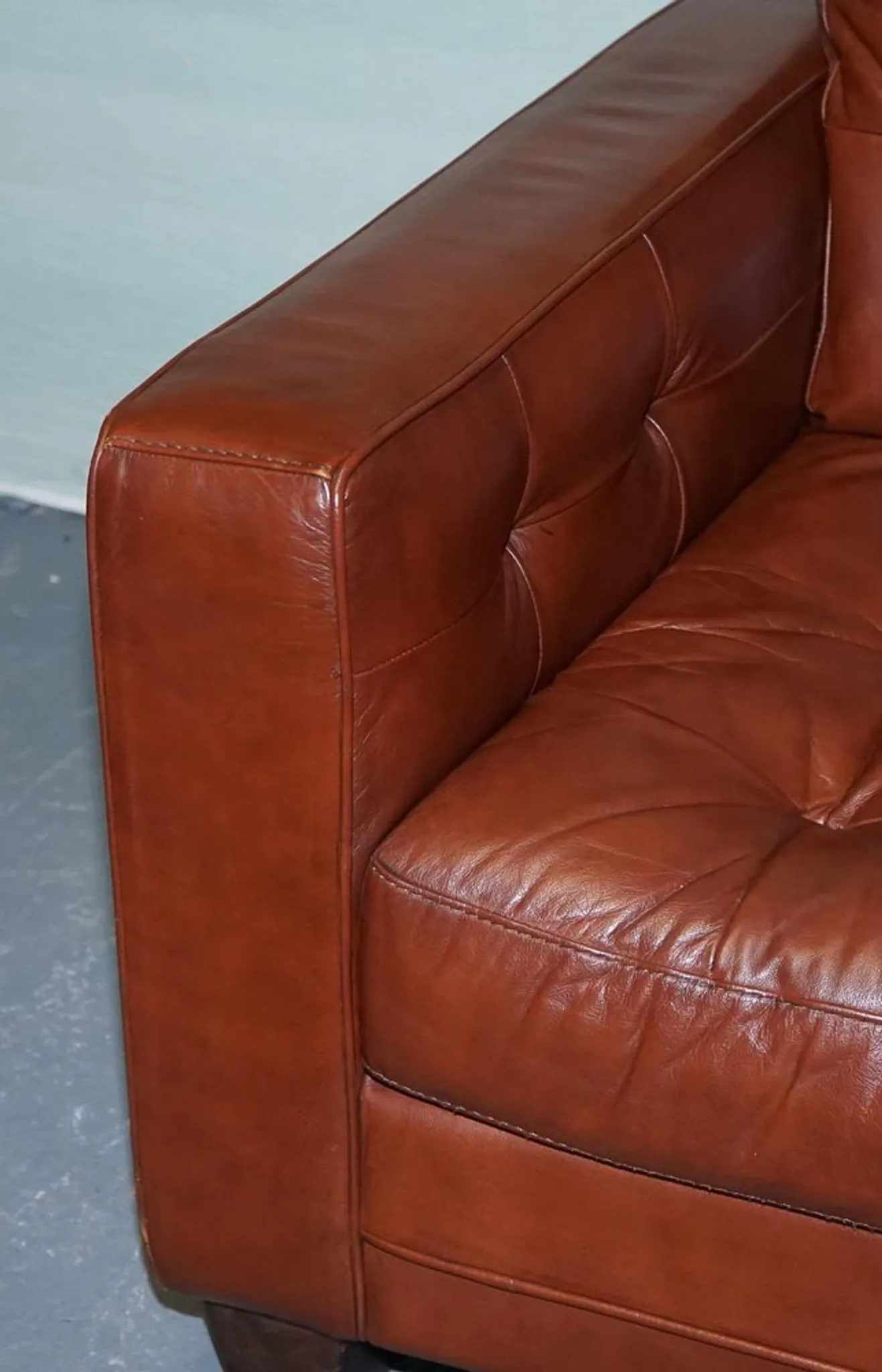 Vintage Minimalist Brown Leather Buttoned Armchair