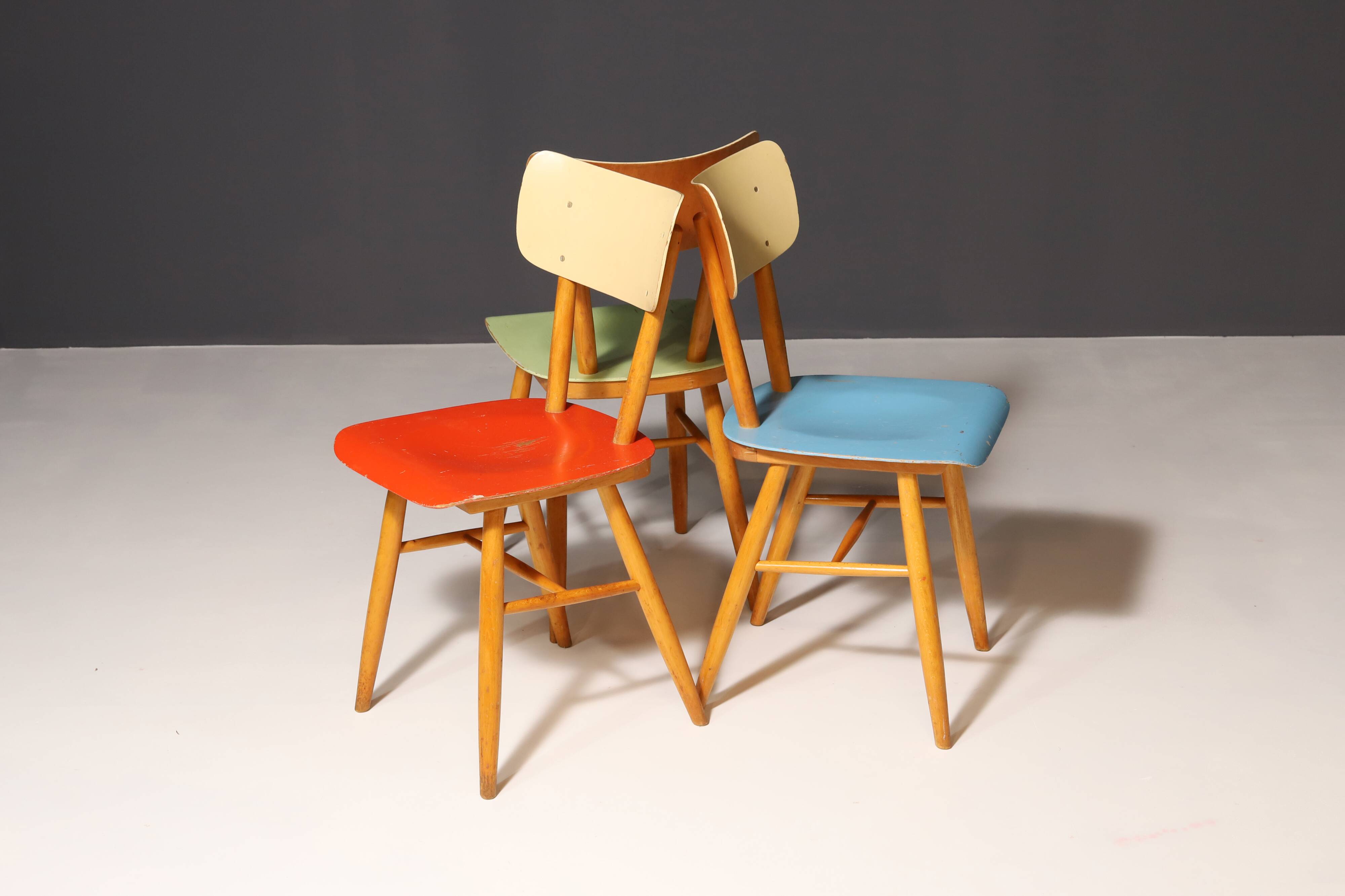 Mid century color dining chairs  1960´s, Czechoslovakia, set of 18