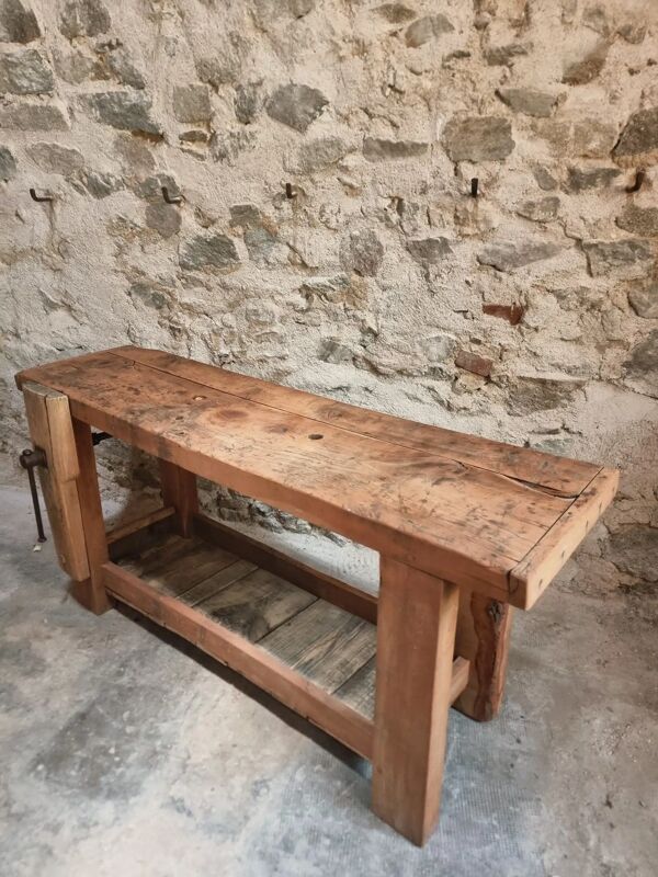 Établi rustique ancien, établi de menuisier, console, meuble vasque, vers 1900