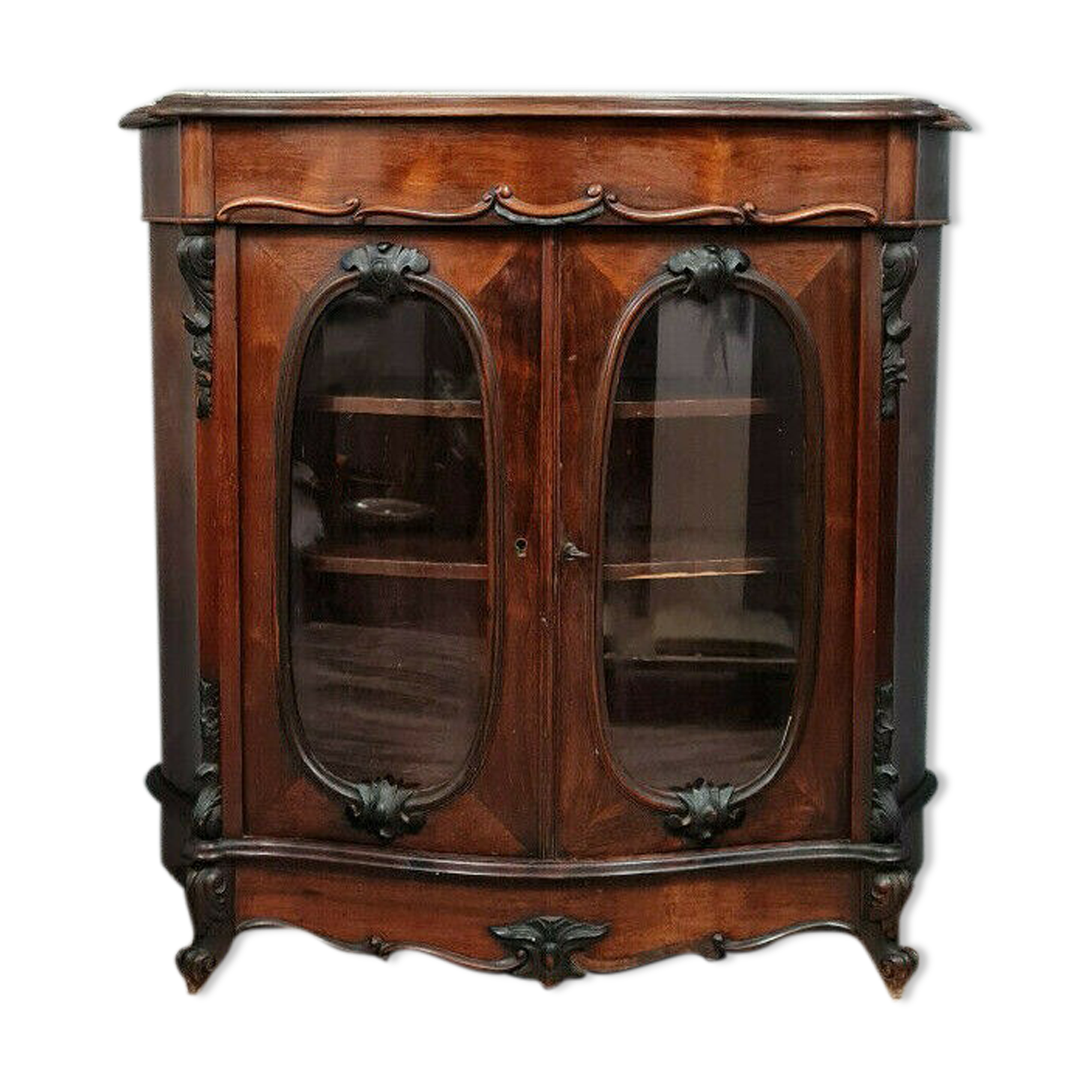 Meuble vitrine Boulle galbé époque Napoléon III en acajou et bois noirci vers 1850