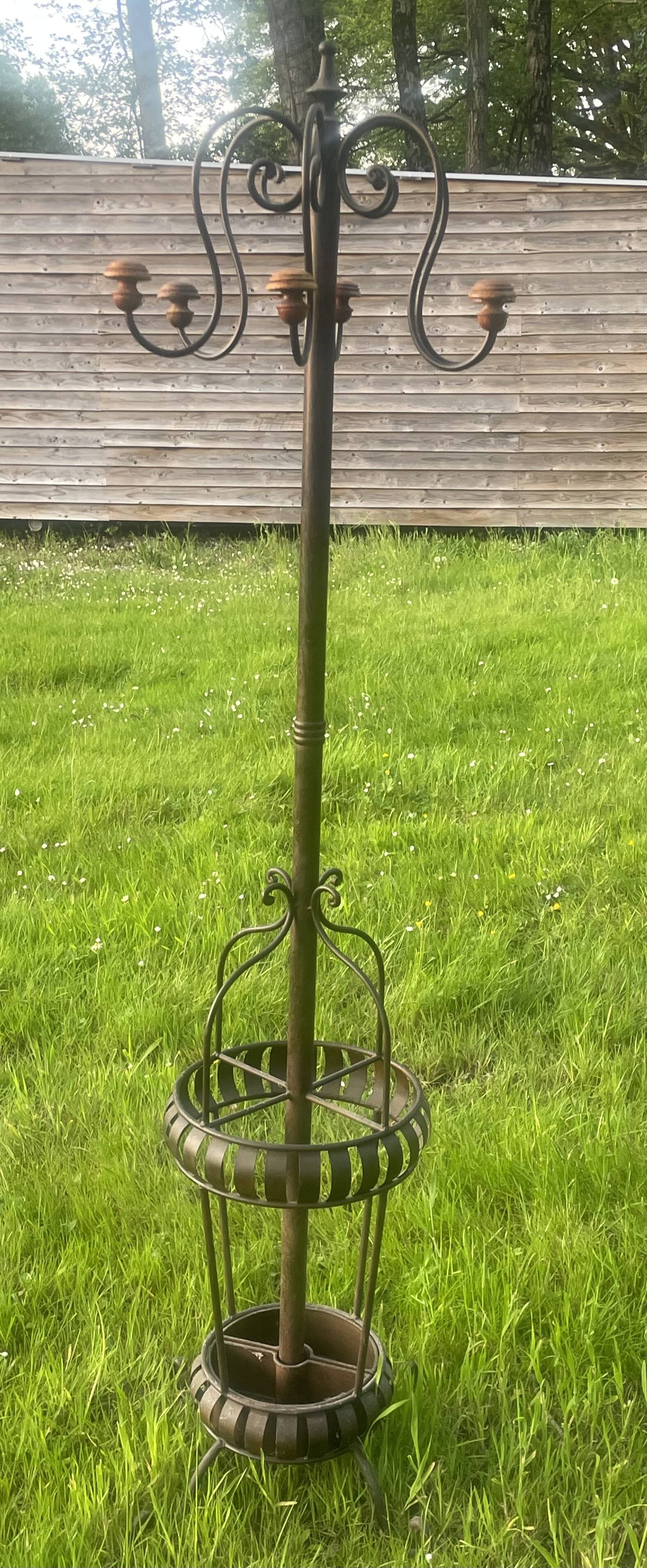 Coat rack called jellyfish, umbrella cane holder, iron and wood bistro parrot