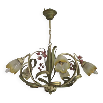 French Country Metal Chandelier Cream Green And Gold with Pink Flowers