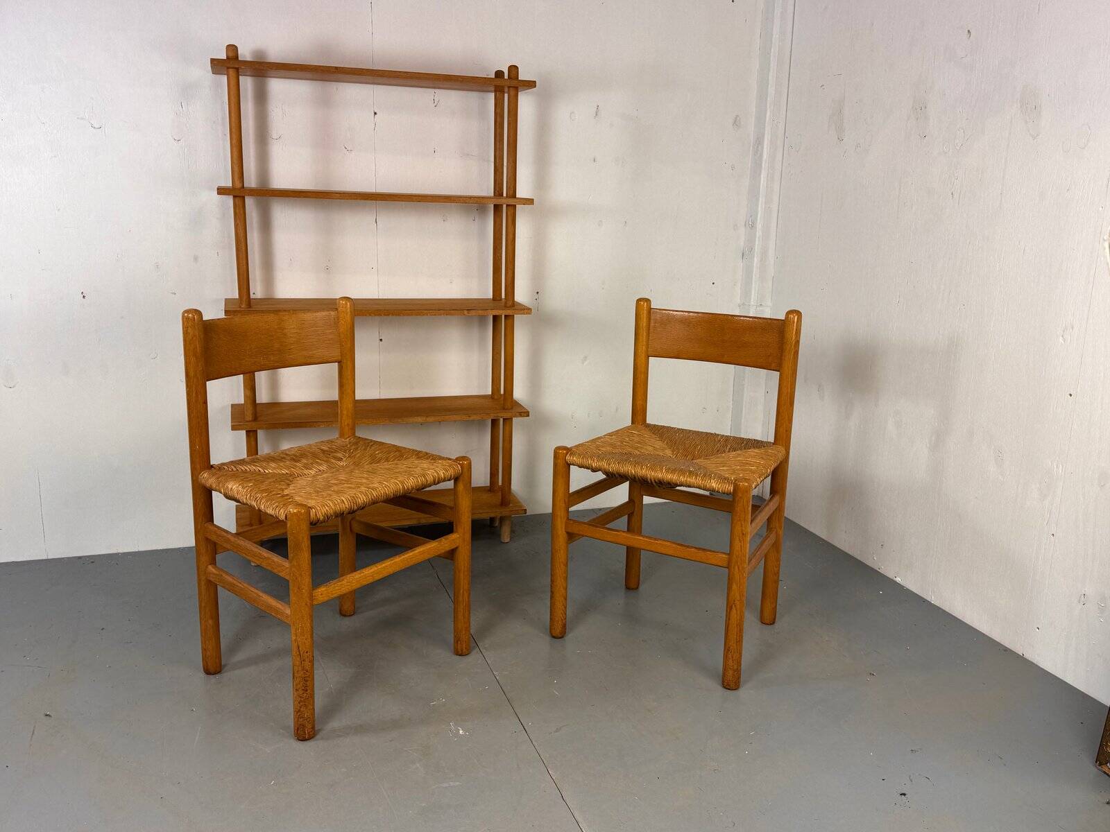 Vintage oak and rush chairs by J Van Heuvel for Advorm, 1950s, set of 2