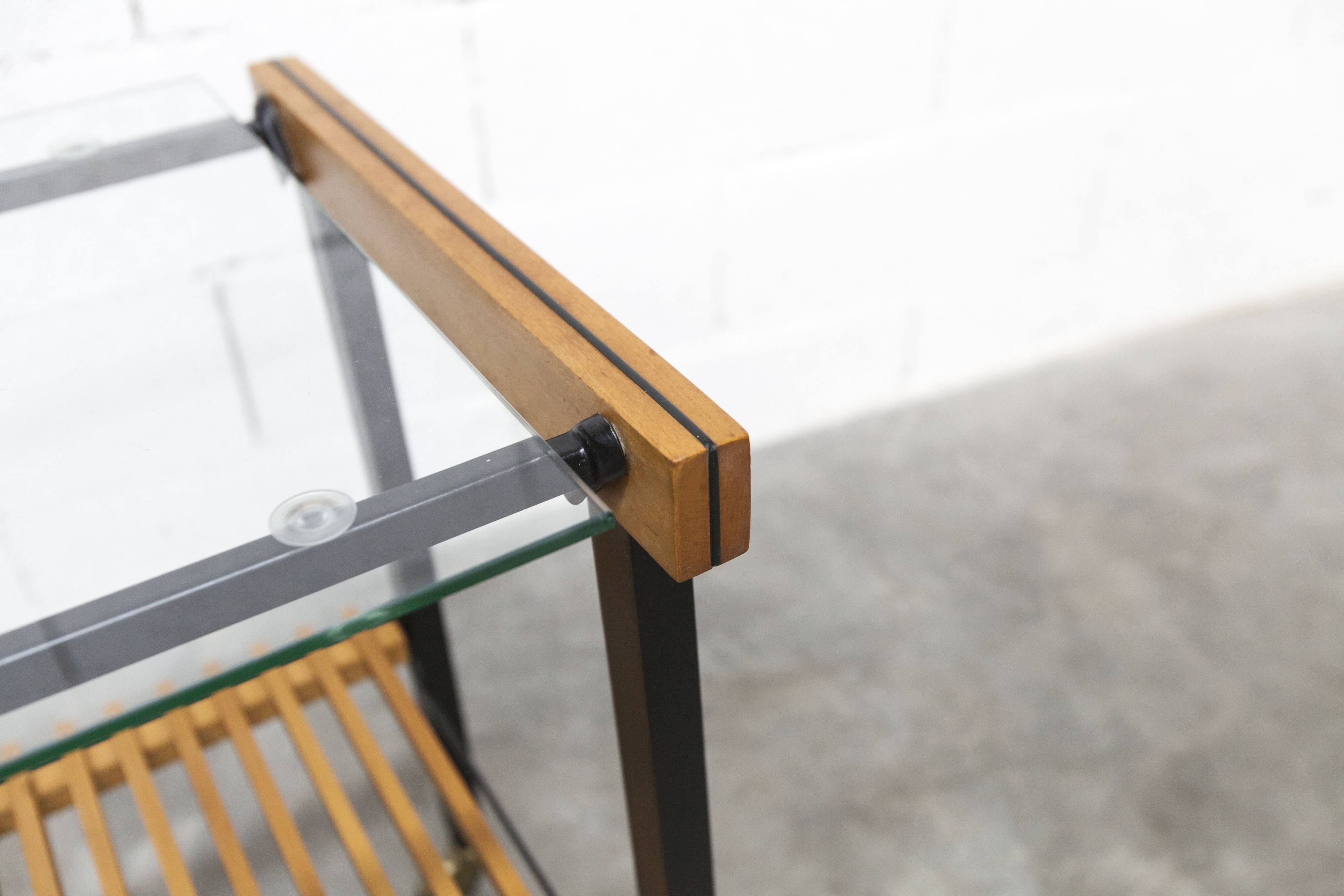 1960s serving cart, hi-fi cabinet on casters, teak, black metal, glass