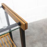 1960s serving cart, hi-fi cabinet on casters, teak, black metal, glass