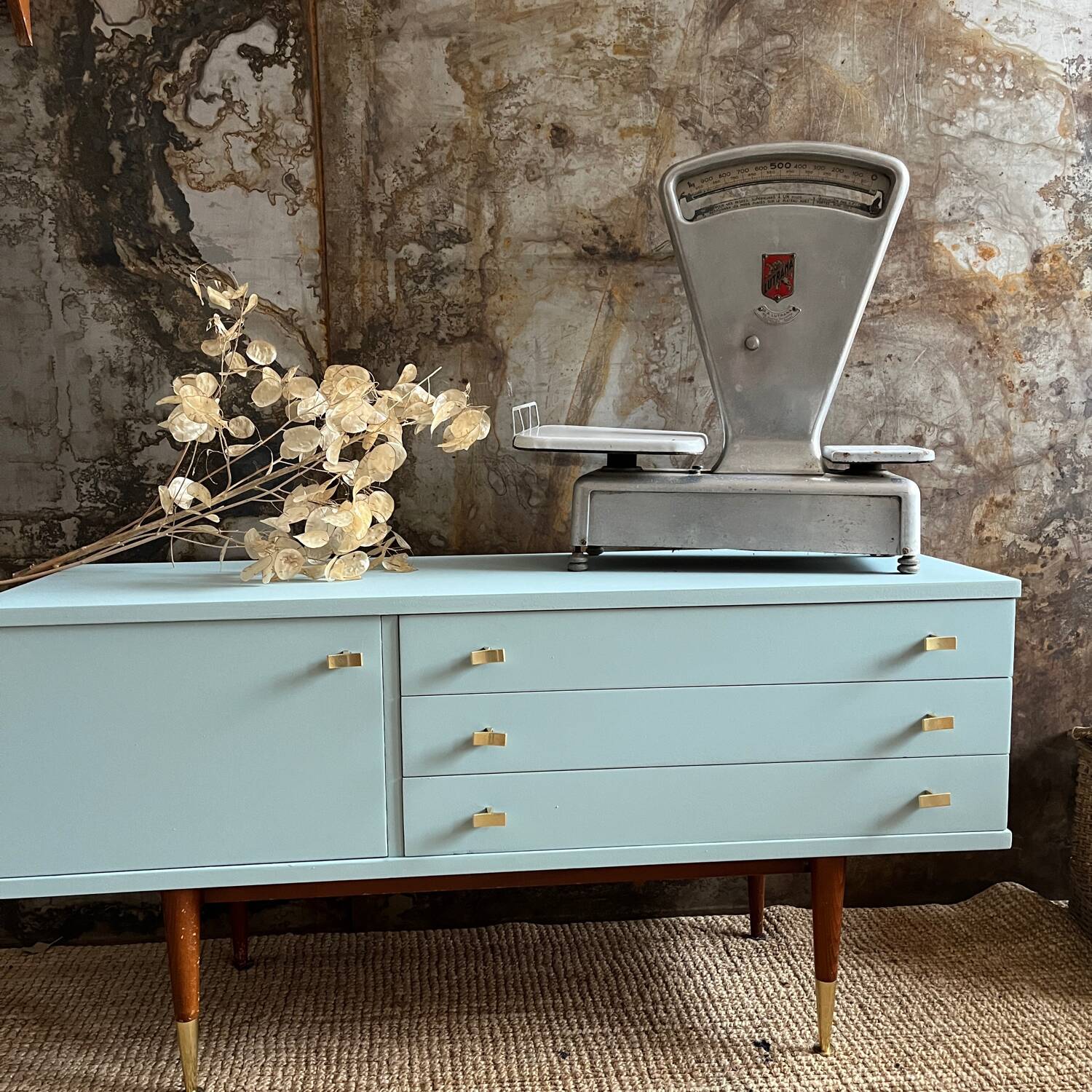 Seventies freshwater blue and brass sideboard