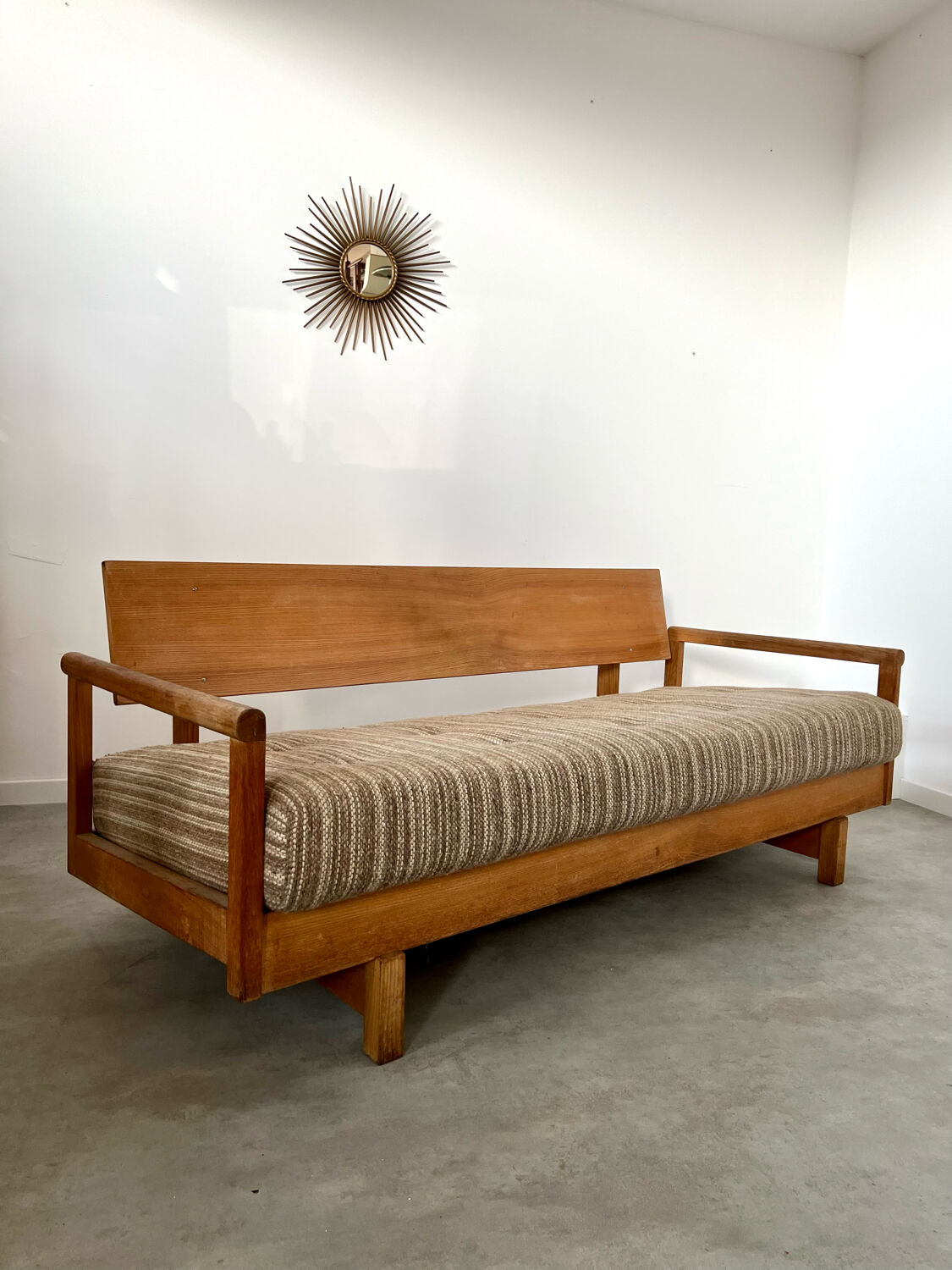 Old wooden sofa vintage brutalist design 60s