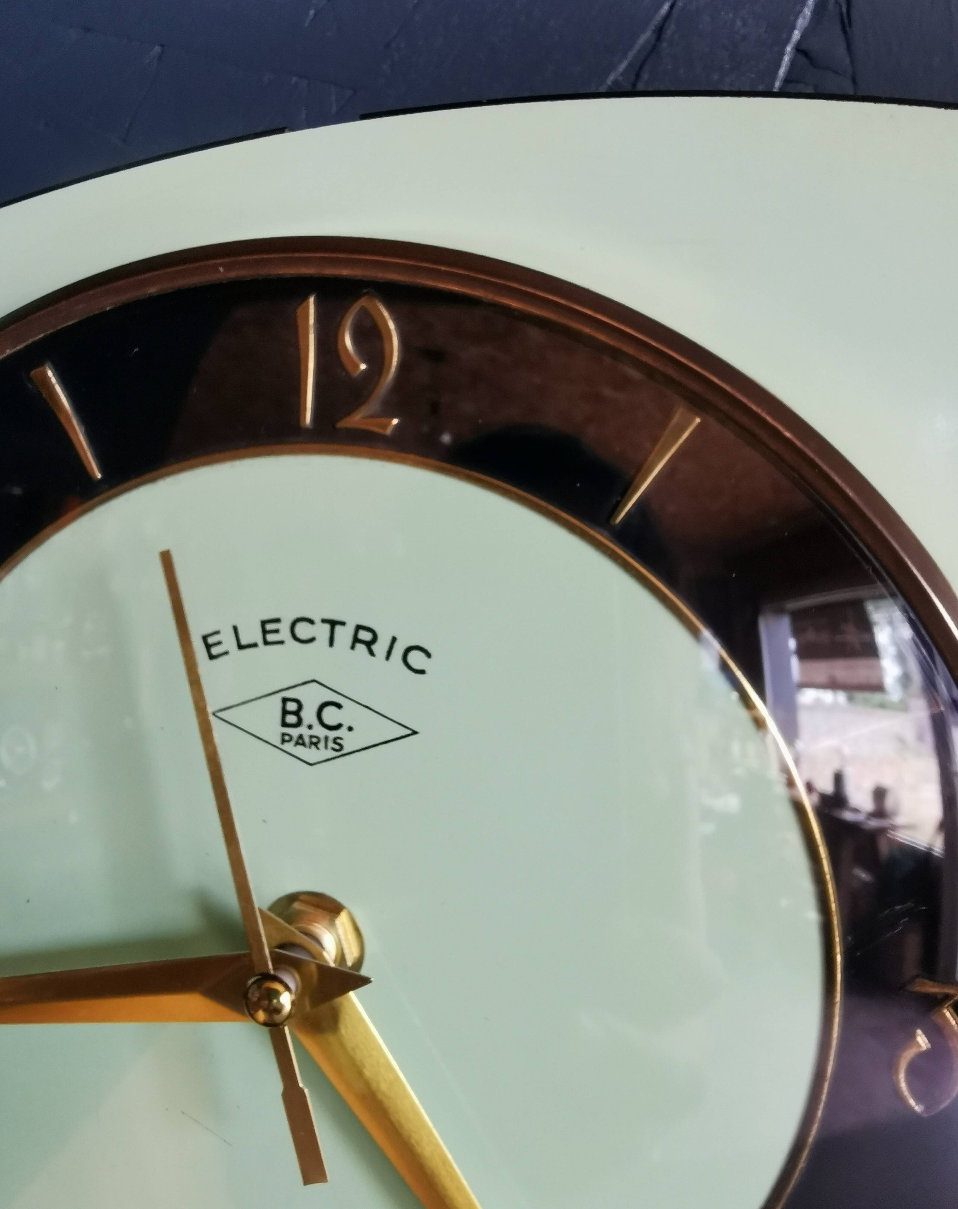 Vintage formica clock asymmetrical silent wall clock "BC Paris electric black green"