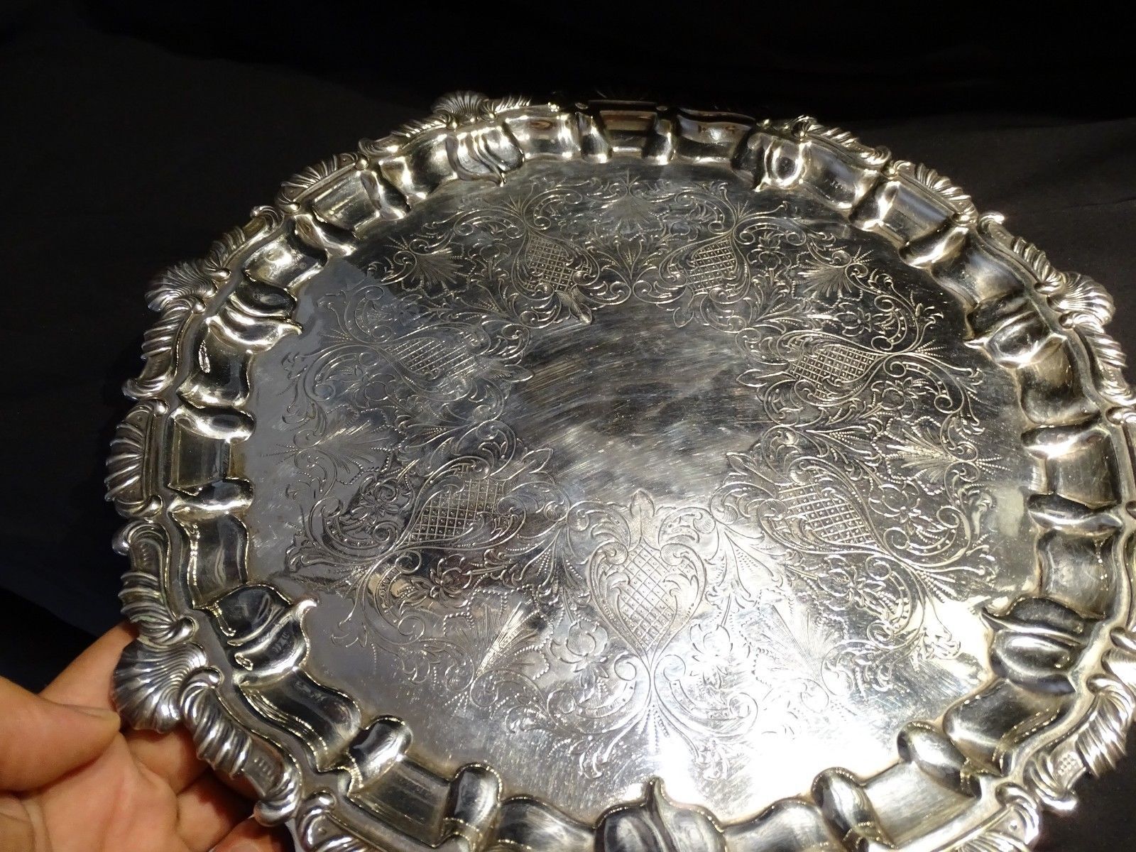 Silver metal tray engraved in late 19th century England rock style