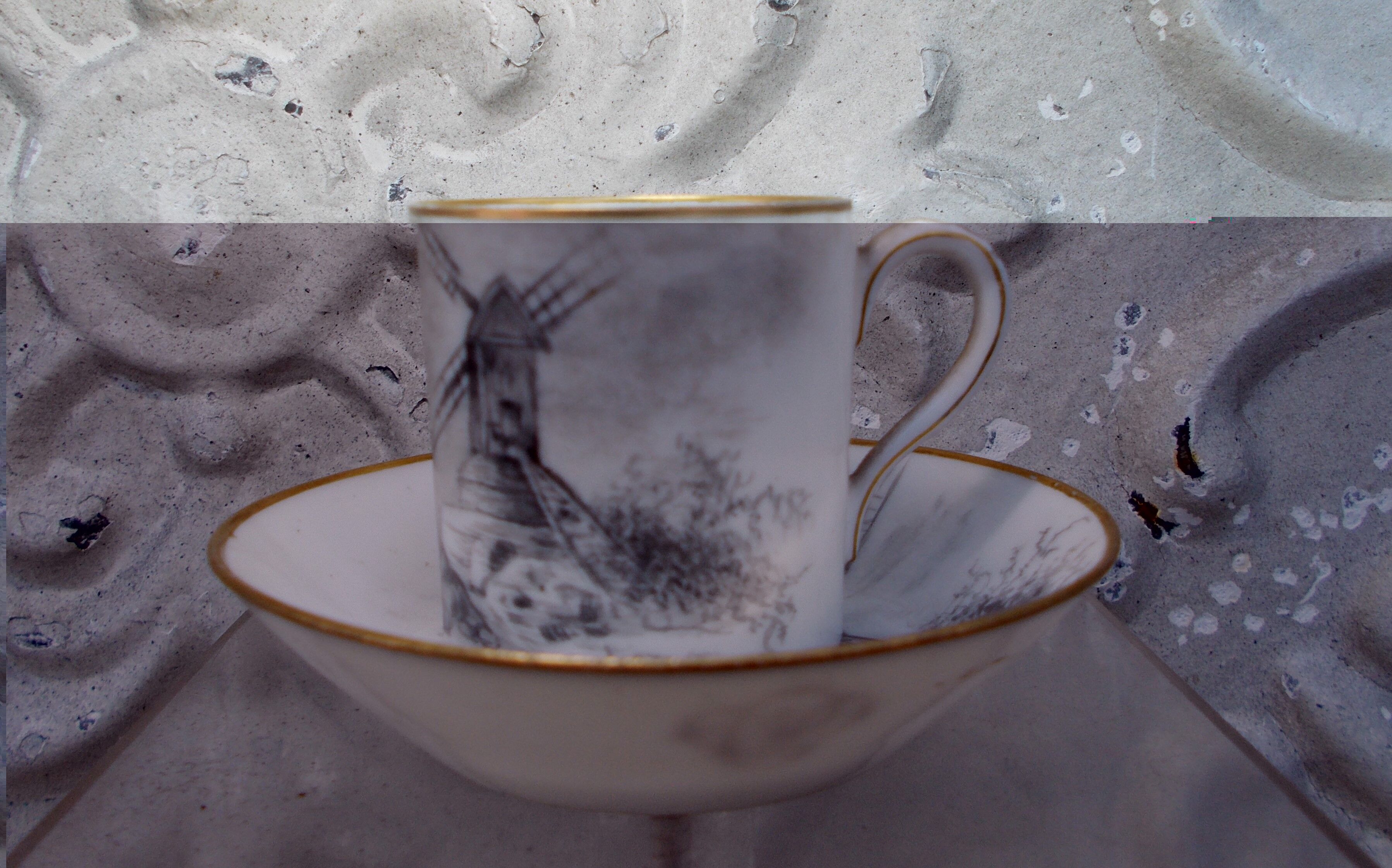 Cup and under cup decoration in grisaille Porcelain of Paris XIXth signed decoration mill