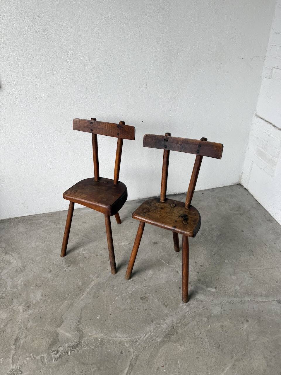 Pair of Savoyard tripod chairs, folk art, oak.
