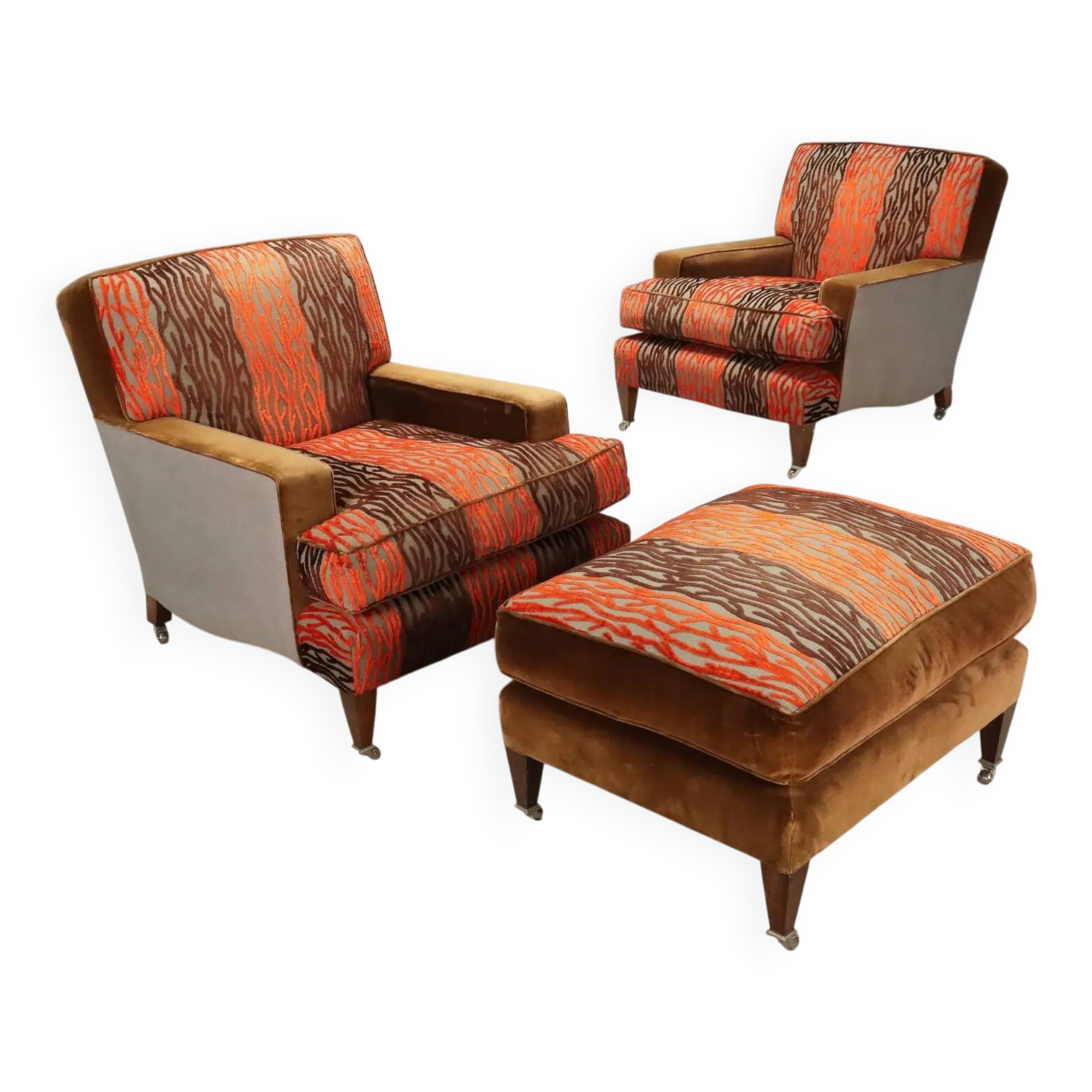 Pair of antique armchairs with velvet and fabric poufs, Italy, 20th century