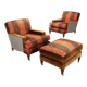 Pair of antique armchairs with velvet and fabric poufs, Italy, 20th century