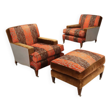 Paire de fauteuils anciens avec poufs en velours et tissu, Italie, XXe siècle