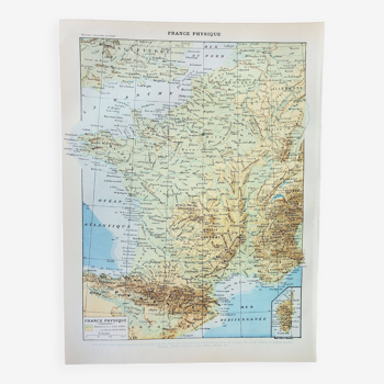 Gravure ancienne 1898, France, carte, géographie • Lithographie, Planche originale