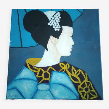 Huile sur toile signé J.Lecigne portrait geisha