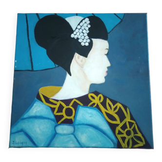 Huile sur toile signé J.Lecigne portrait geisha