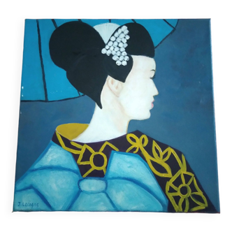 Oil on canvas signed J.Lecigne geisha portrait