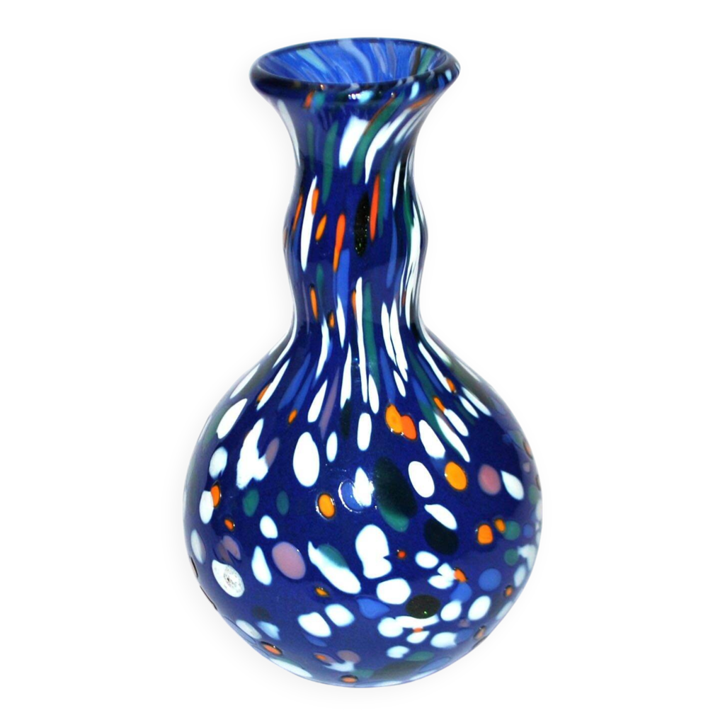 Vase Biot en verre soufflé bullé bleu design 2000 signé Arnold