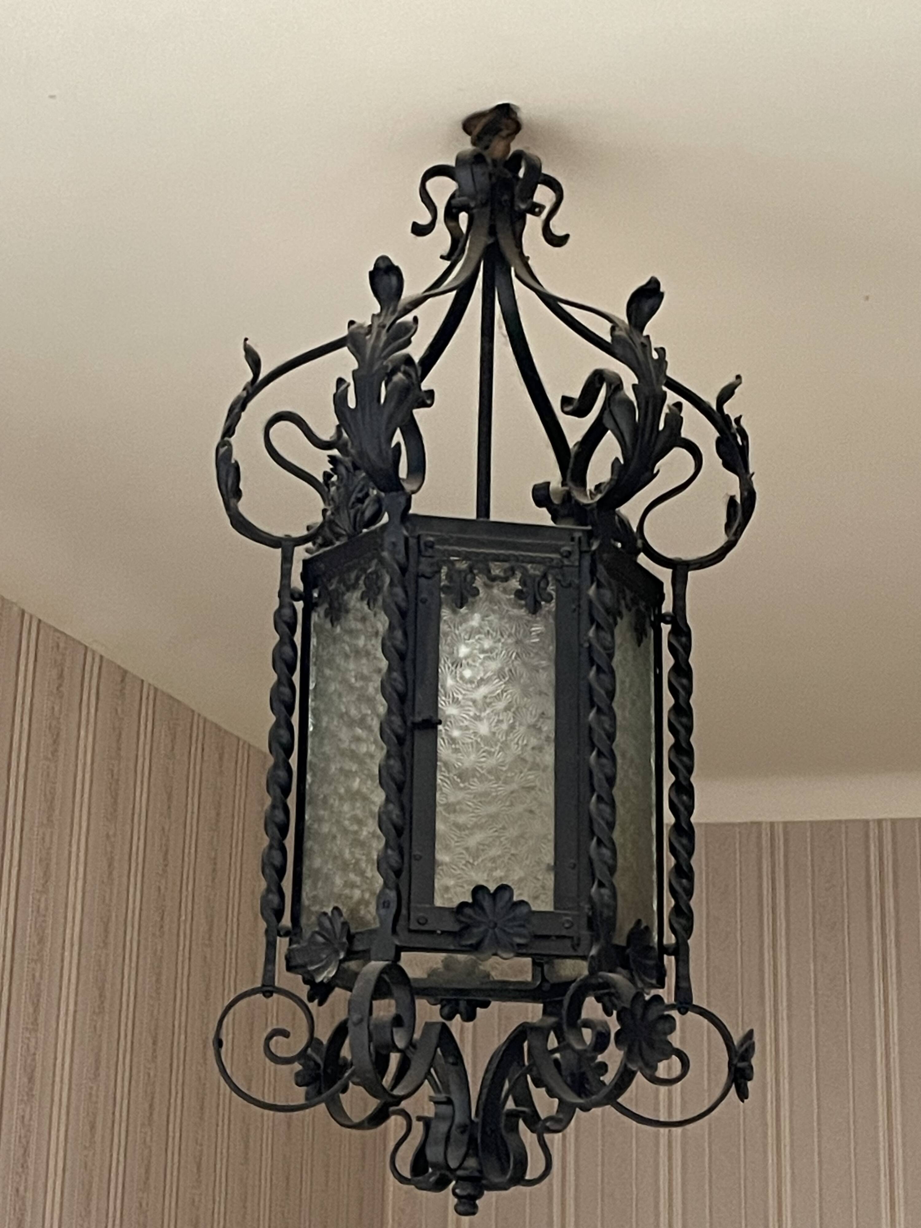 Vestibule lantern, hall, wrought iron entrance & cathedral glass, 80 cm pendant light