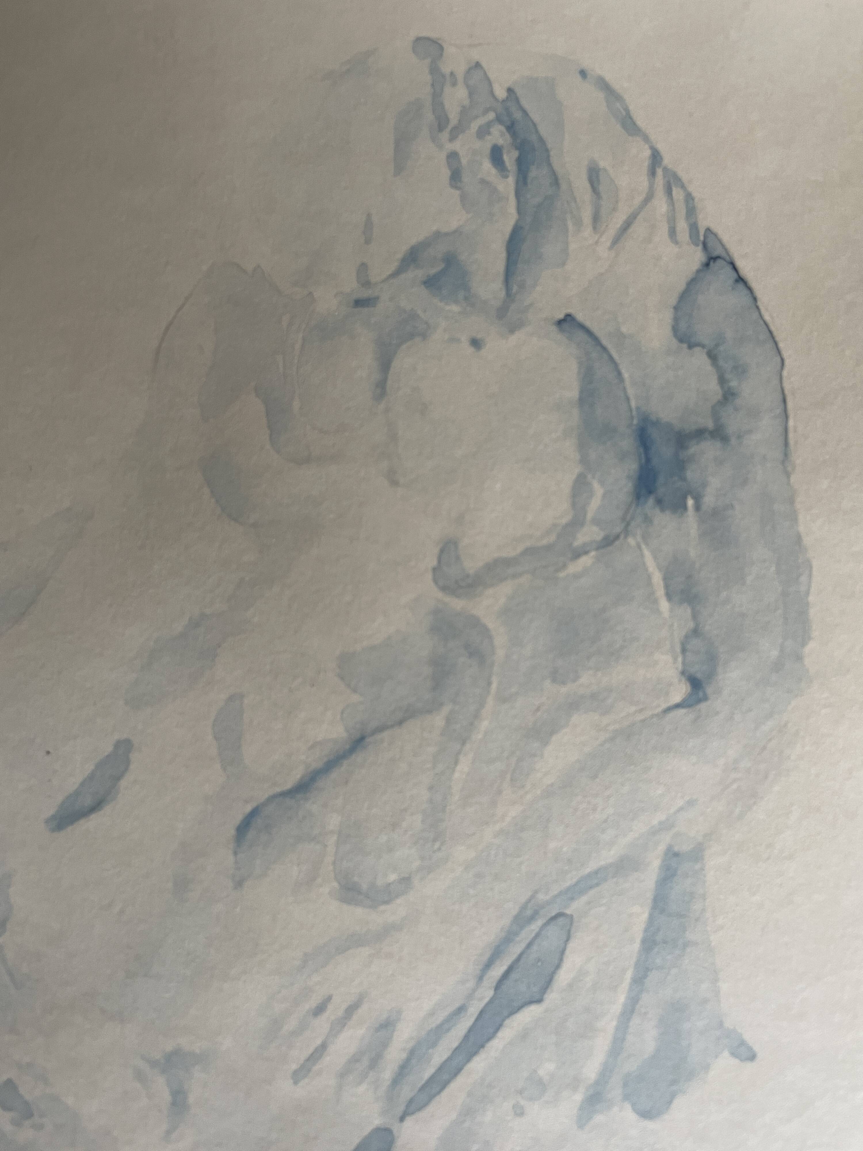 Signed watercolour monochrome blue study of the statue "The Kiss by Rodin"