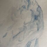 Tableau signé aquarelle monochrome bleue étude de la statue  « le baiser de Rodin »