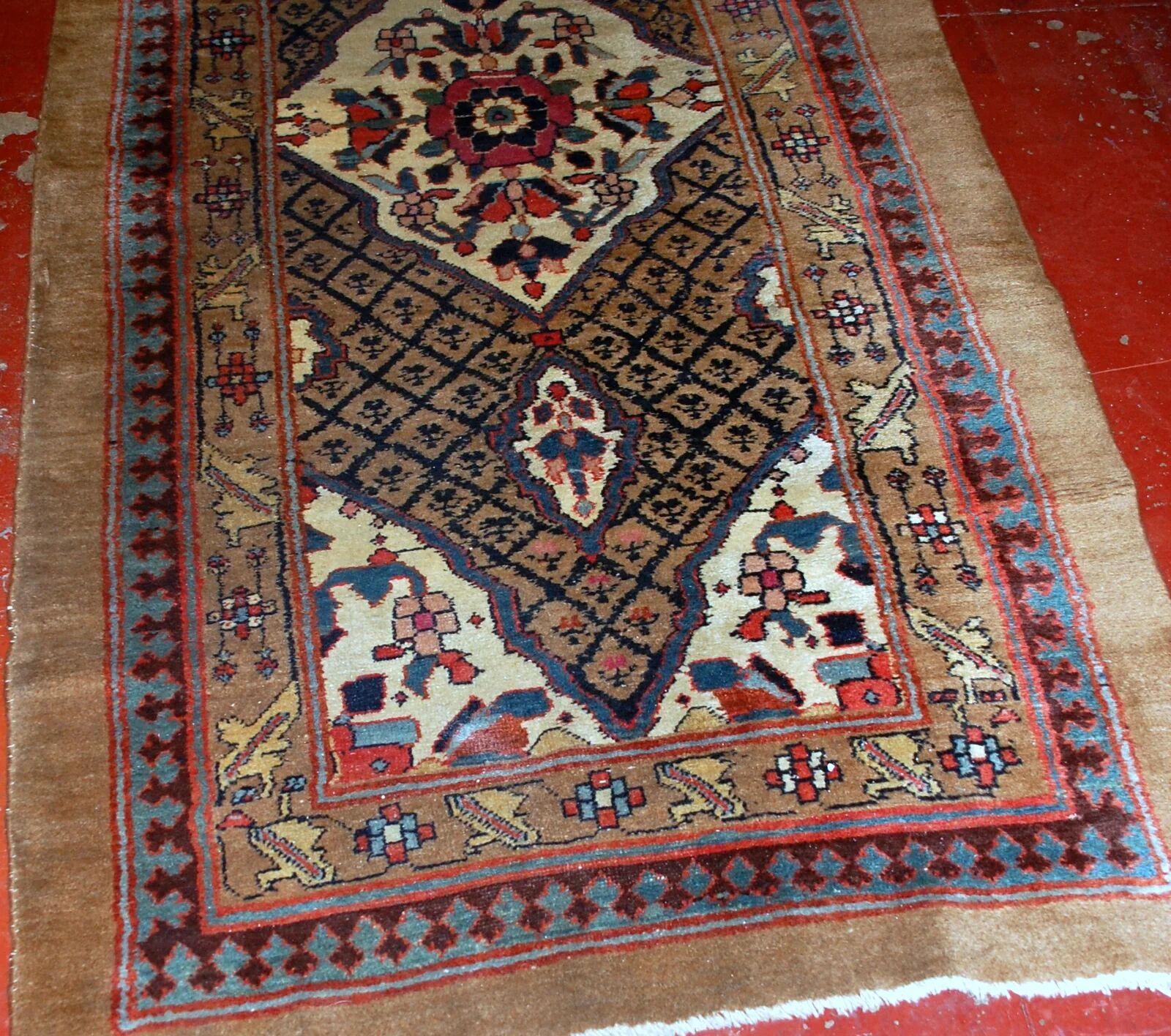 Handmade antique Persian camel hair runner 4' x 15.2' (122cm x 463cm) 1880s - 1B556