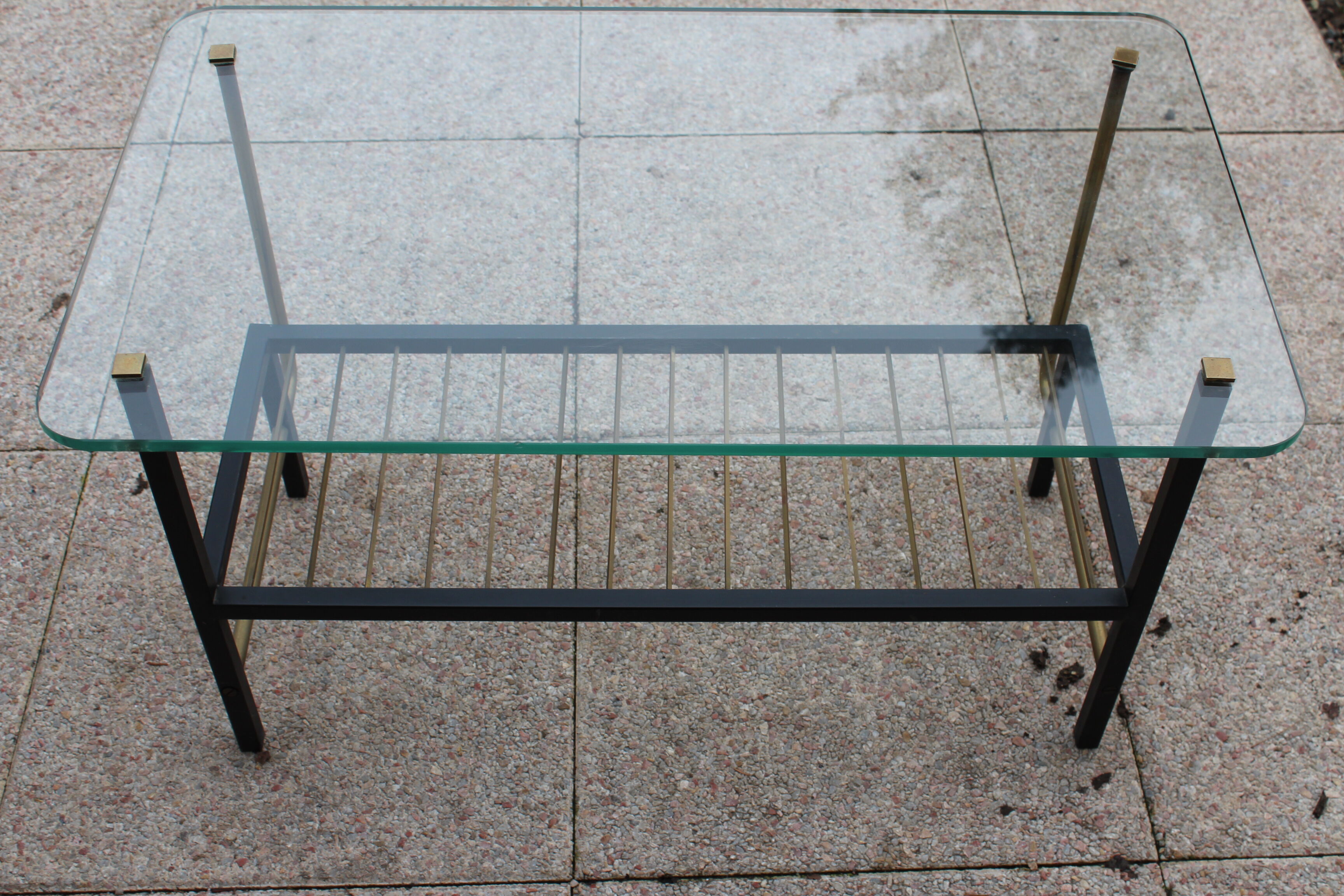 Superb coffee table 1960 metal gold and black plate glass
