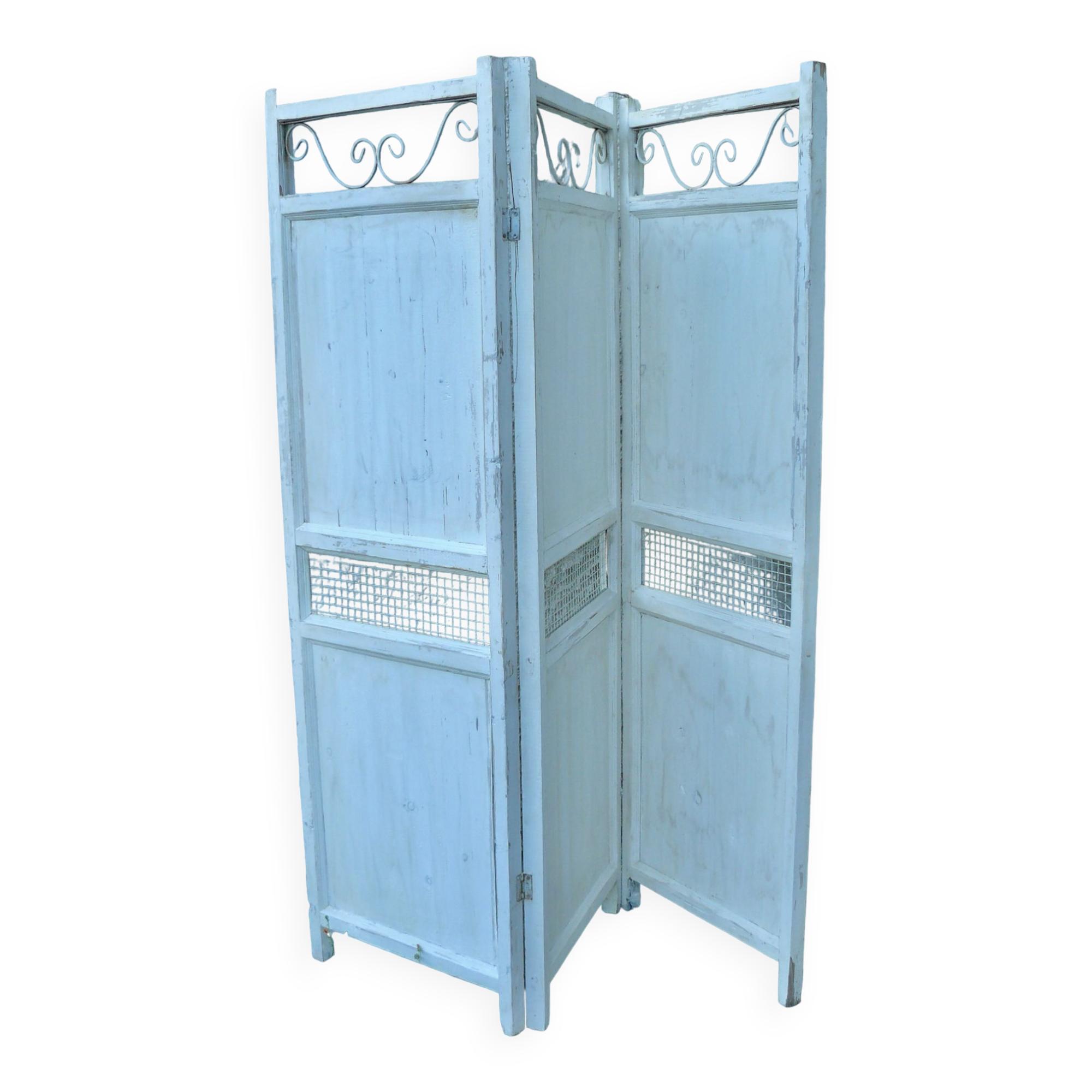3-panel screen in wood and white painted metal vintage 1970