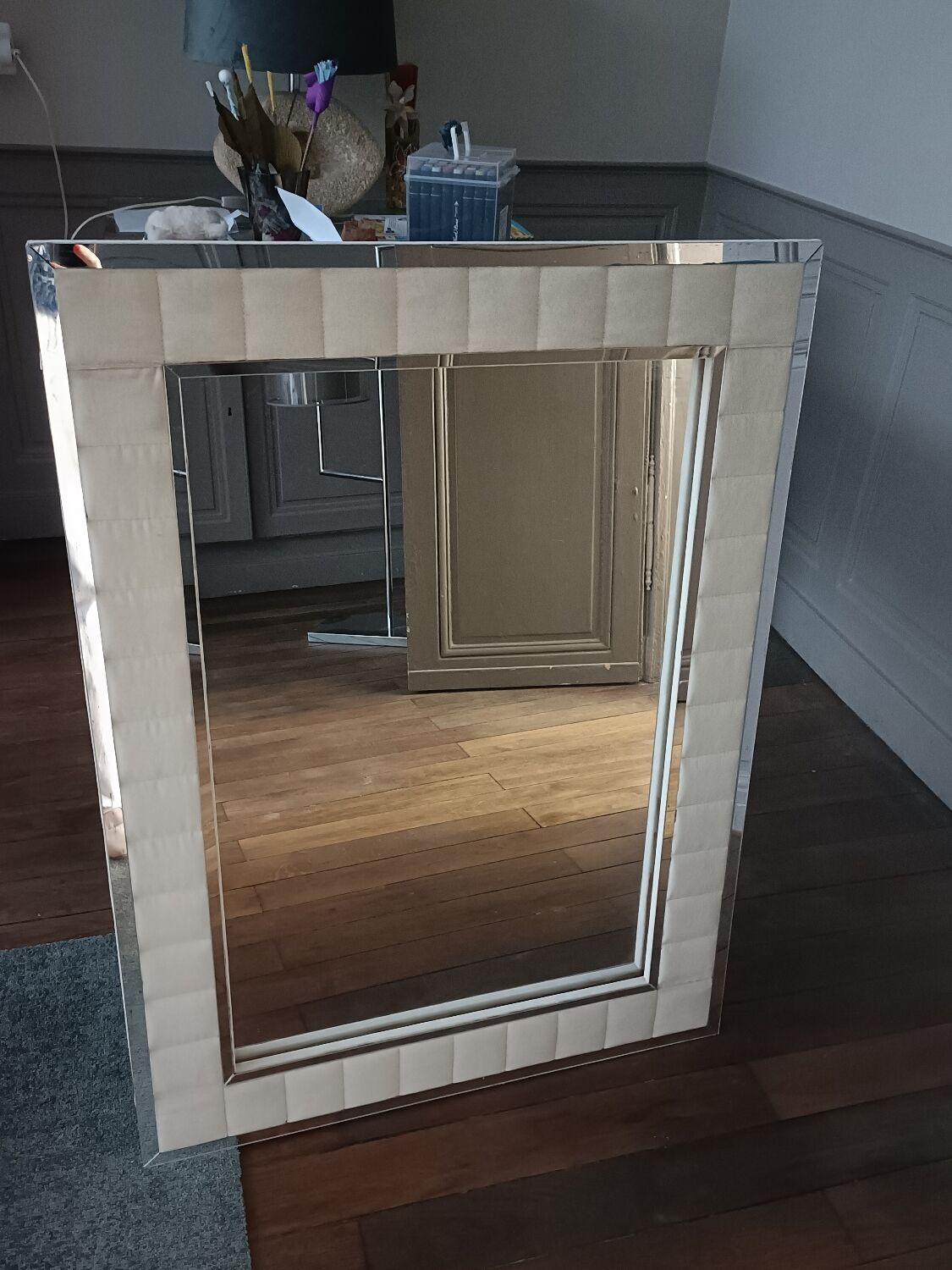 Large vintage tufted velvet mirror