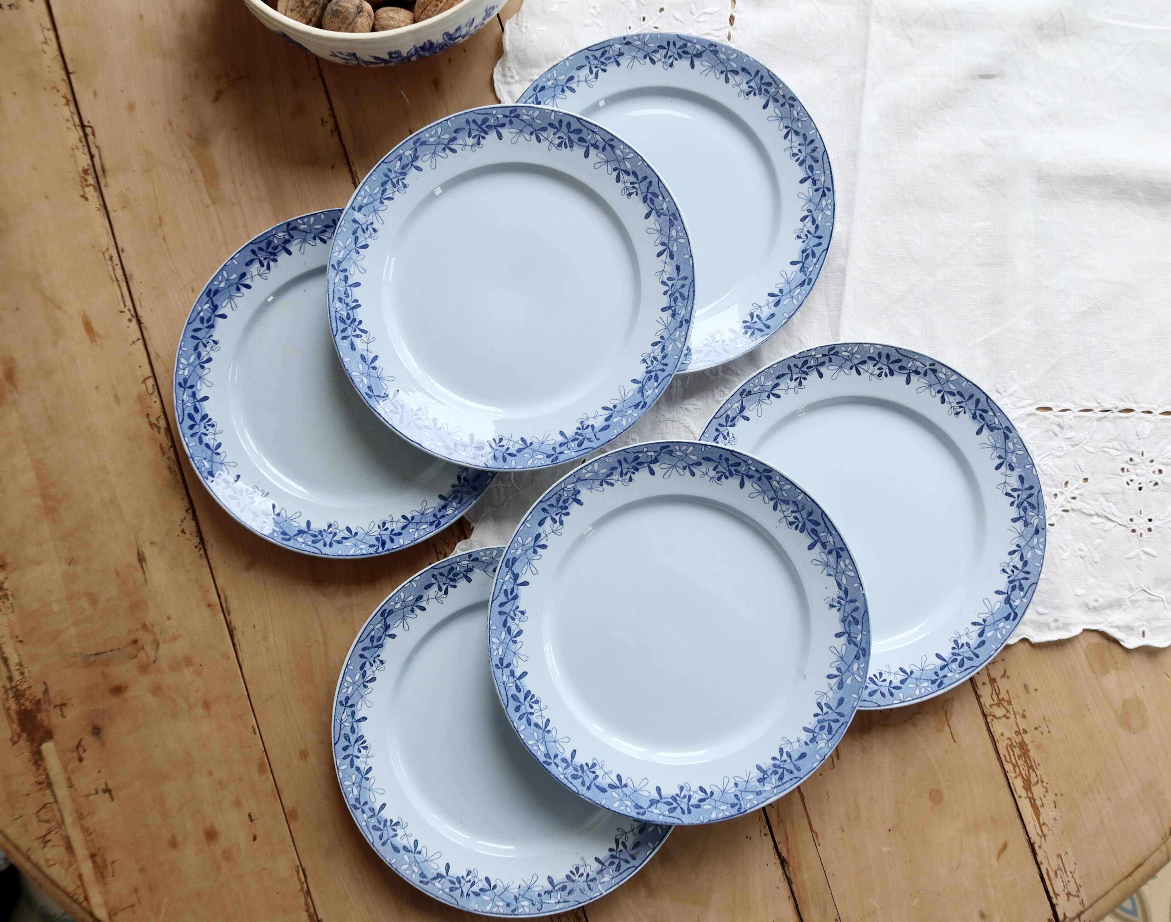 6 antique flat plates from Sarreguemines U&C in the Mimosa blue pattern.