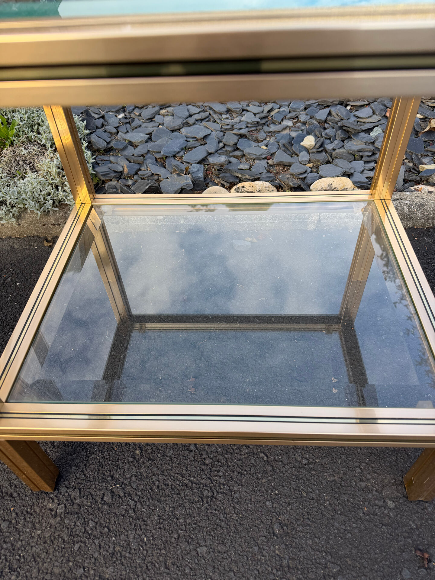 Pair of side tables Pierre Vandel Paris, gold metal and glass, year