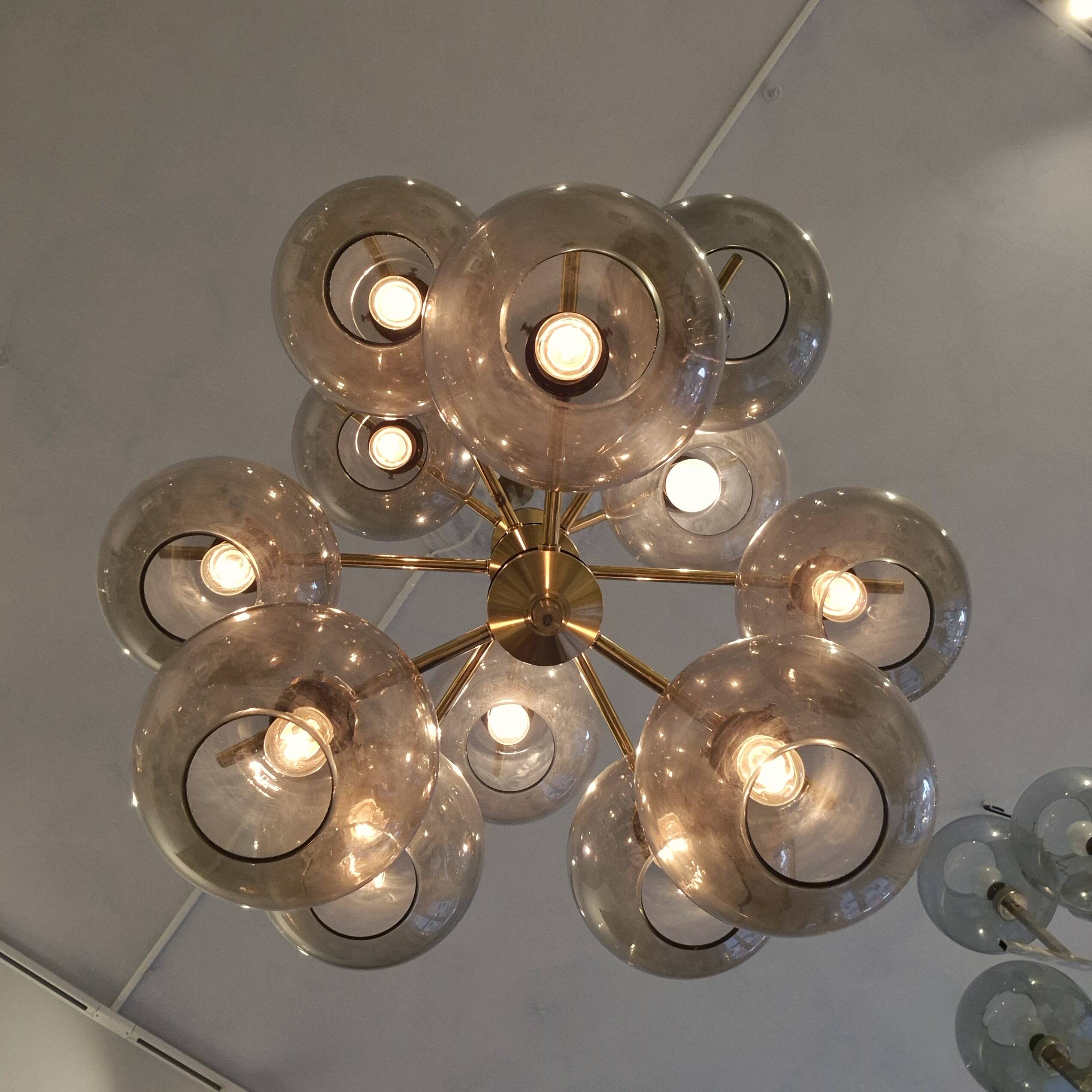 Holger Johansson, brass and grey glass chandelier, The Modern Scandinavian