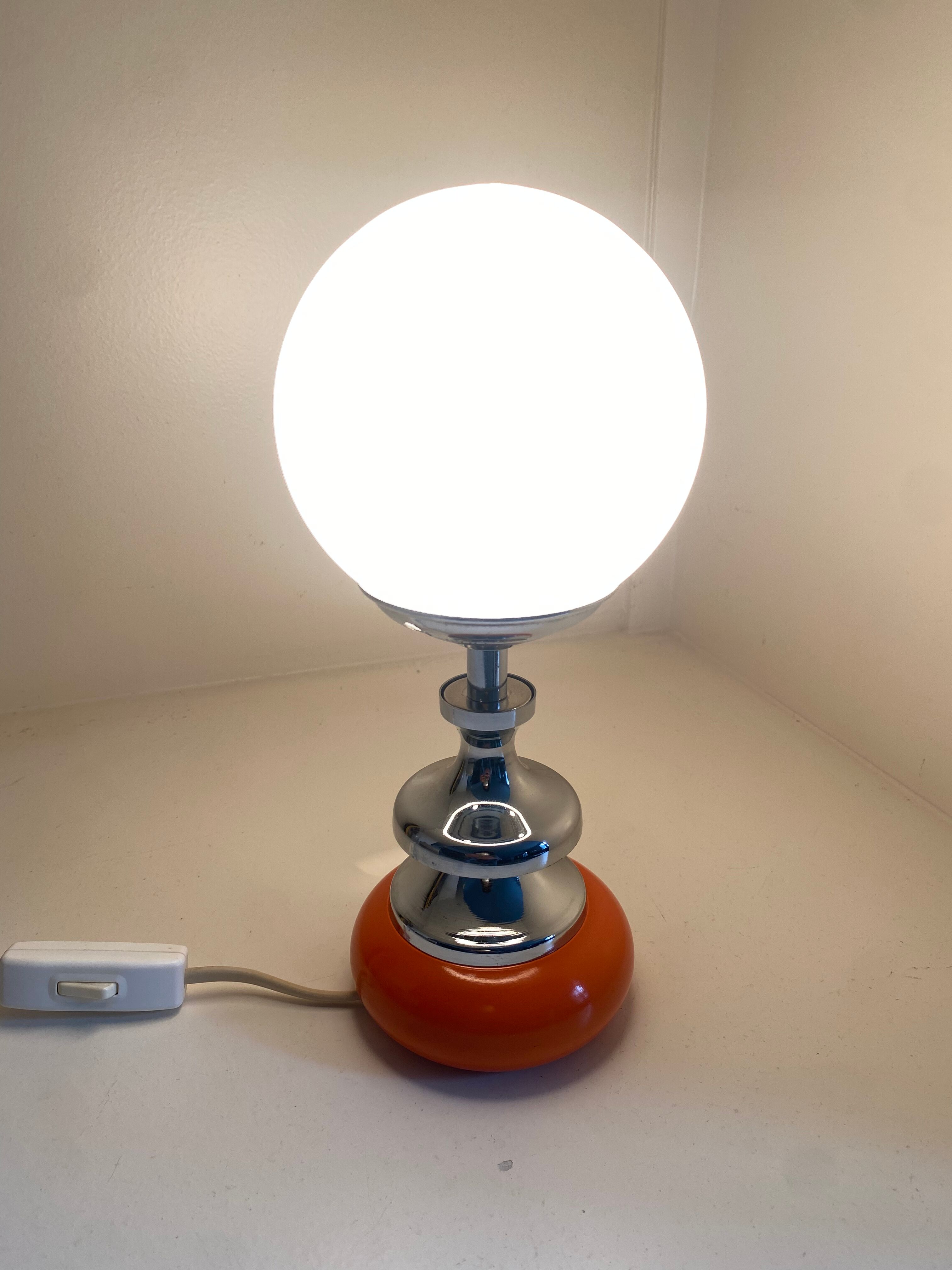Vintage lamp opaline globe, wood turned orange and chrome 60s 70s