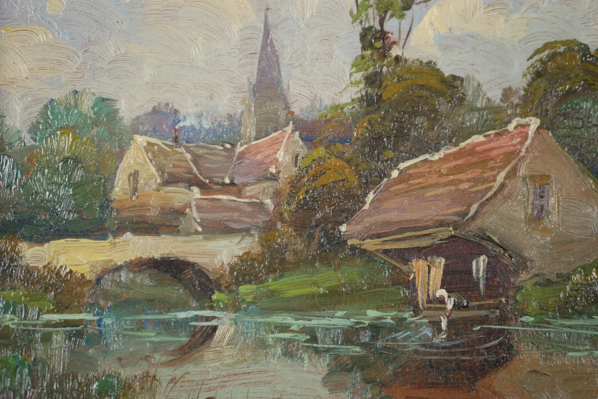 Washerwoman at the washhouse - Old oil painting signed Gilbert