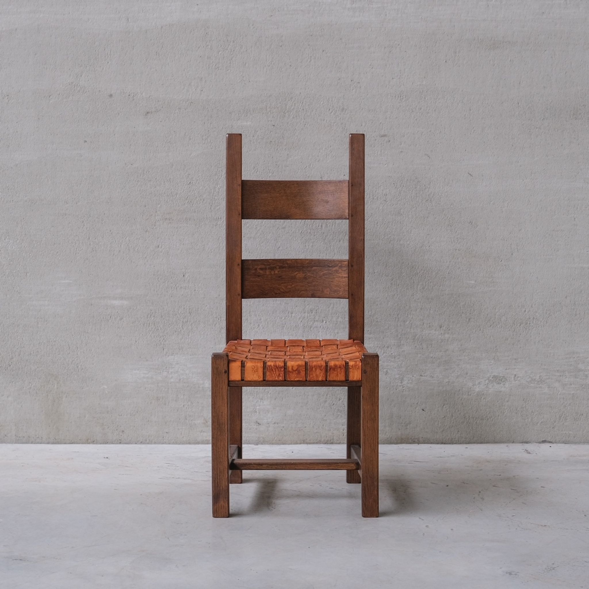 Set of Six Leather and Oak Mid-Century Dutch Dining Chairs
