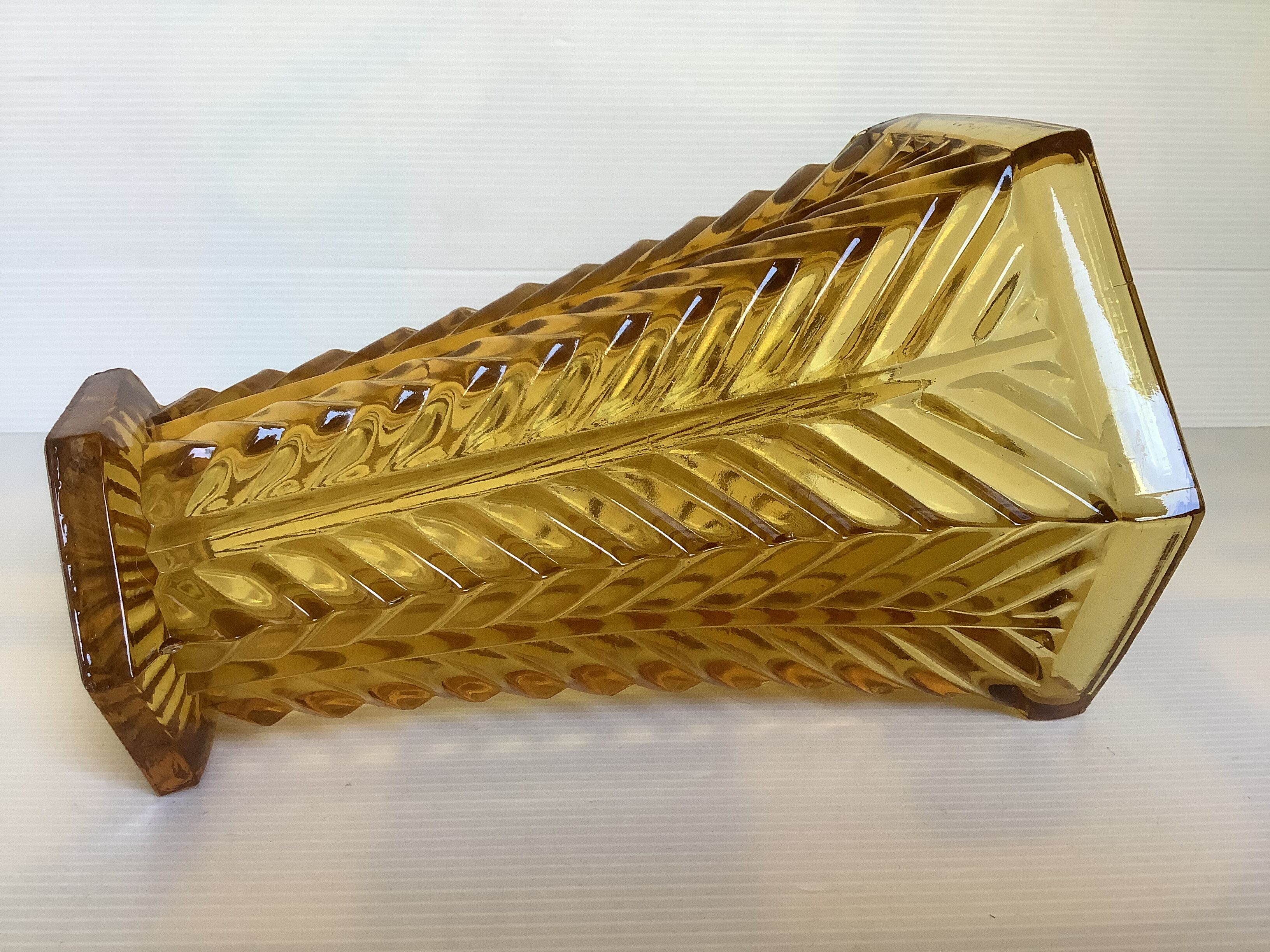 Old yellow molded glass vase chevron pattern