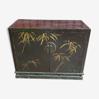 Black lacquered Chinese sideboard with painted bamboo decor