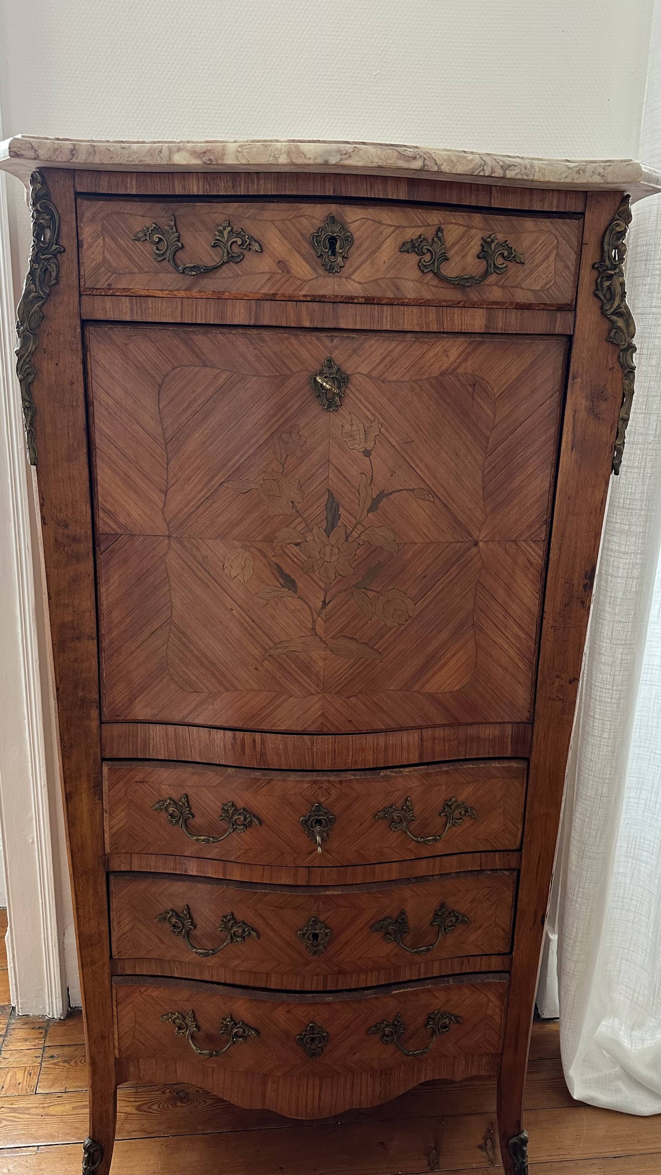 Louis XV style secretary in marquetry and marble