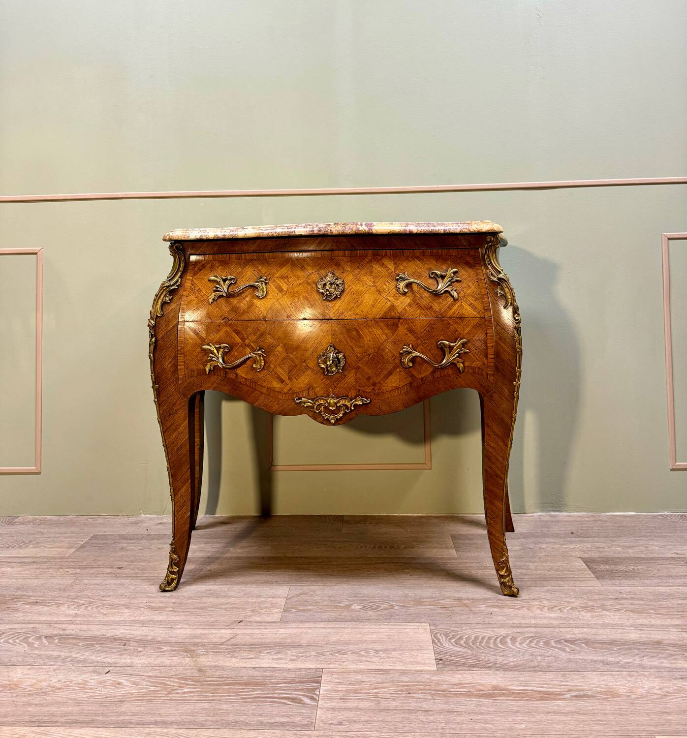Curved sauteuse commode in stamped marquetry louis xv style xix eme century