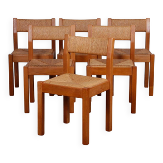 Set of 6 vintage solid elm and straw, 1970.