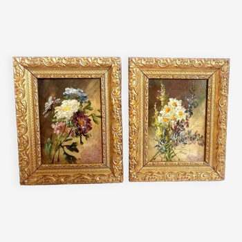 Paire de tableaux Fin XIXème 30 X 24 cm "duo de bouquet"