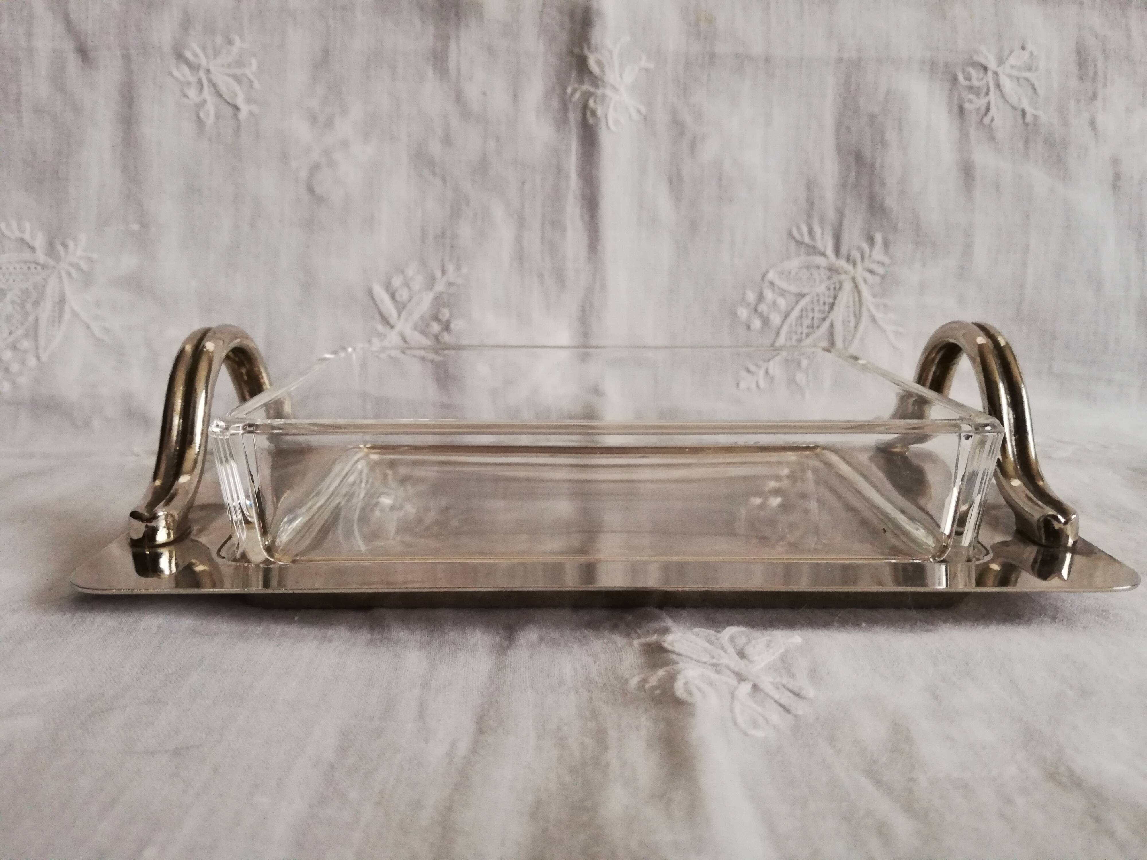 Art deco glass and silver metal butter dish
