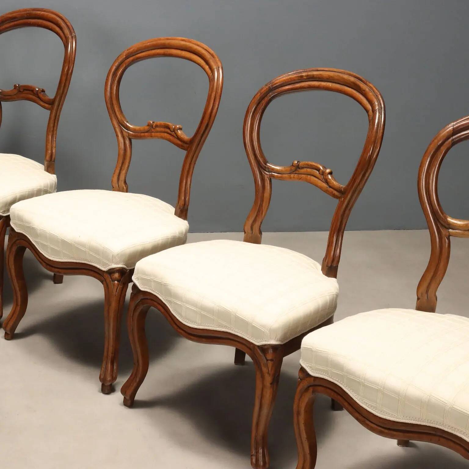 Antique Louis-Philippe chairs in walnut and fabric, Italy, 19th century.