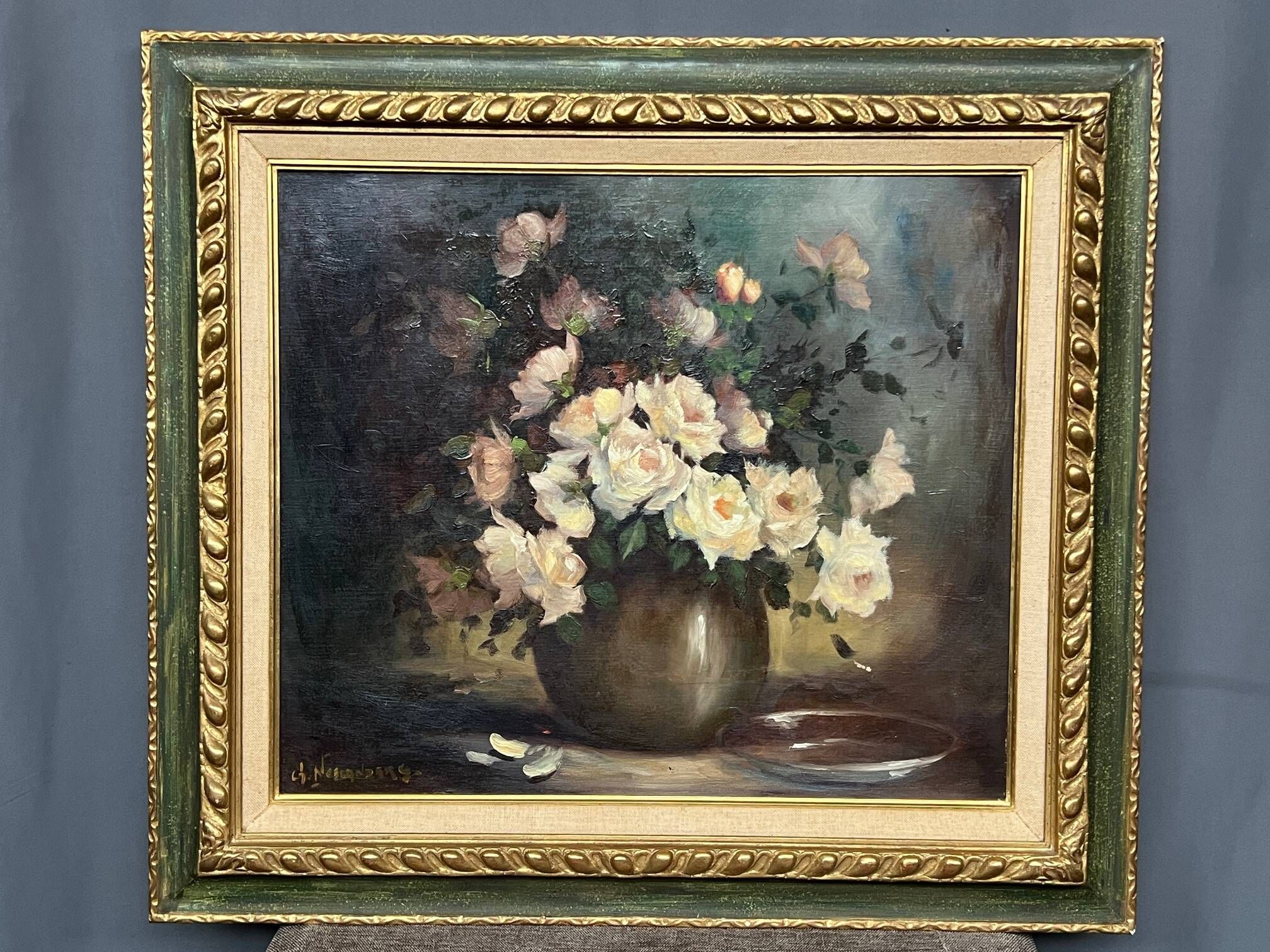 Gaston Noelanders, "Nature morte avec roses blanches."