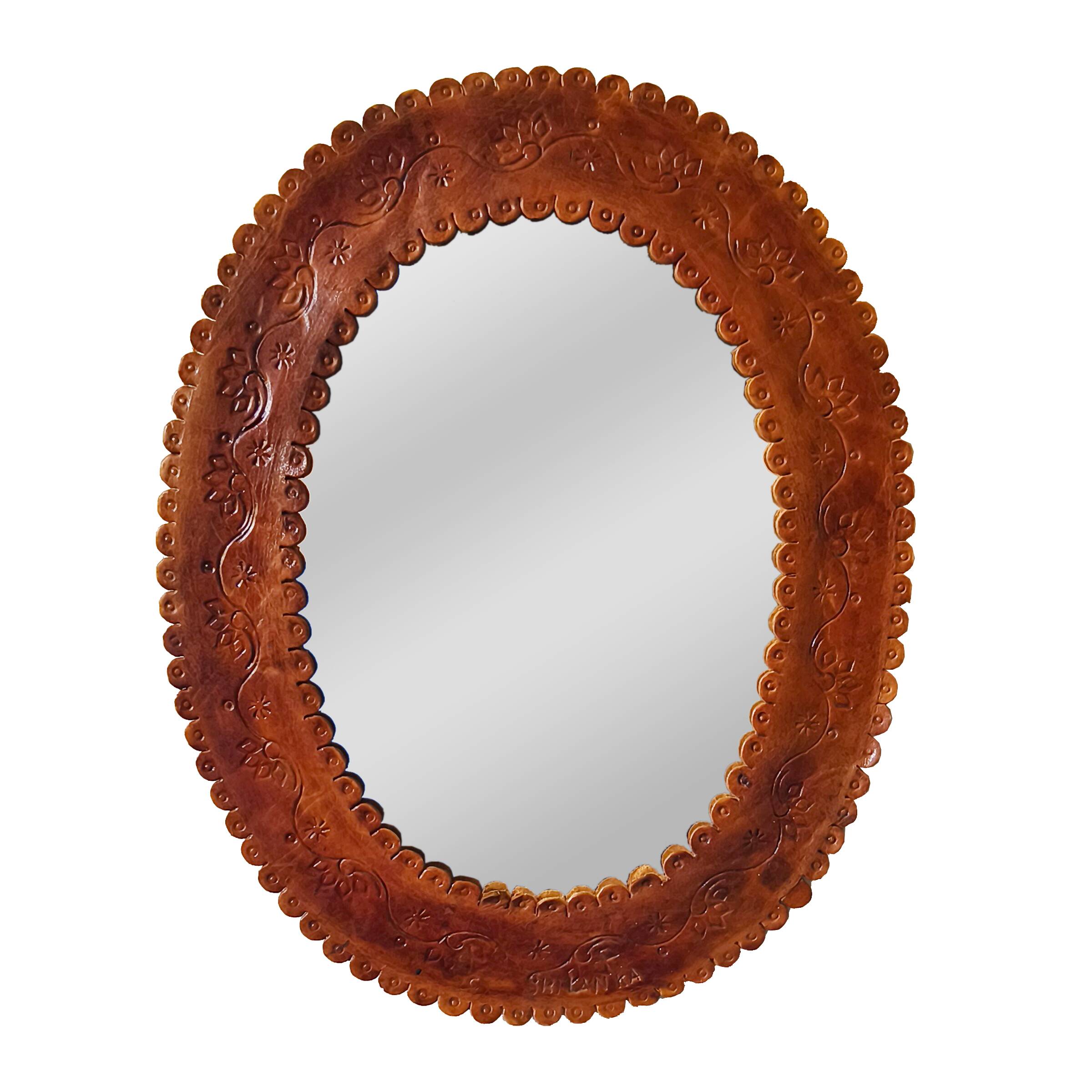 Leather repoussé mirror, Sri Lanka, 1960s