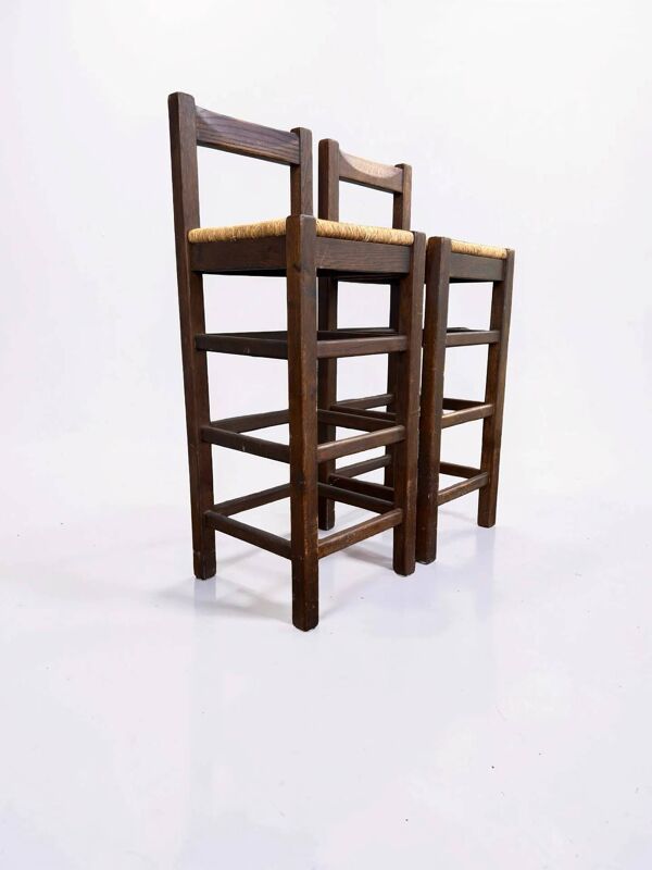 Lot de 2 tabourets de bar vintage en bois avec assise en paille tressée